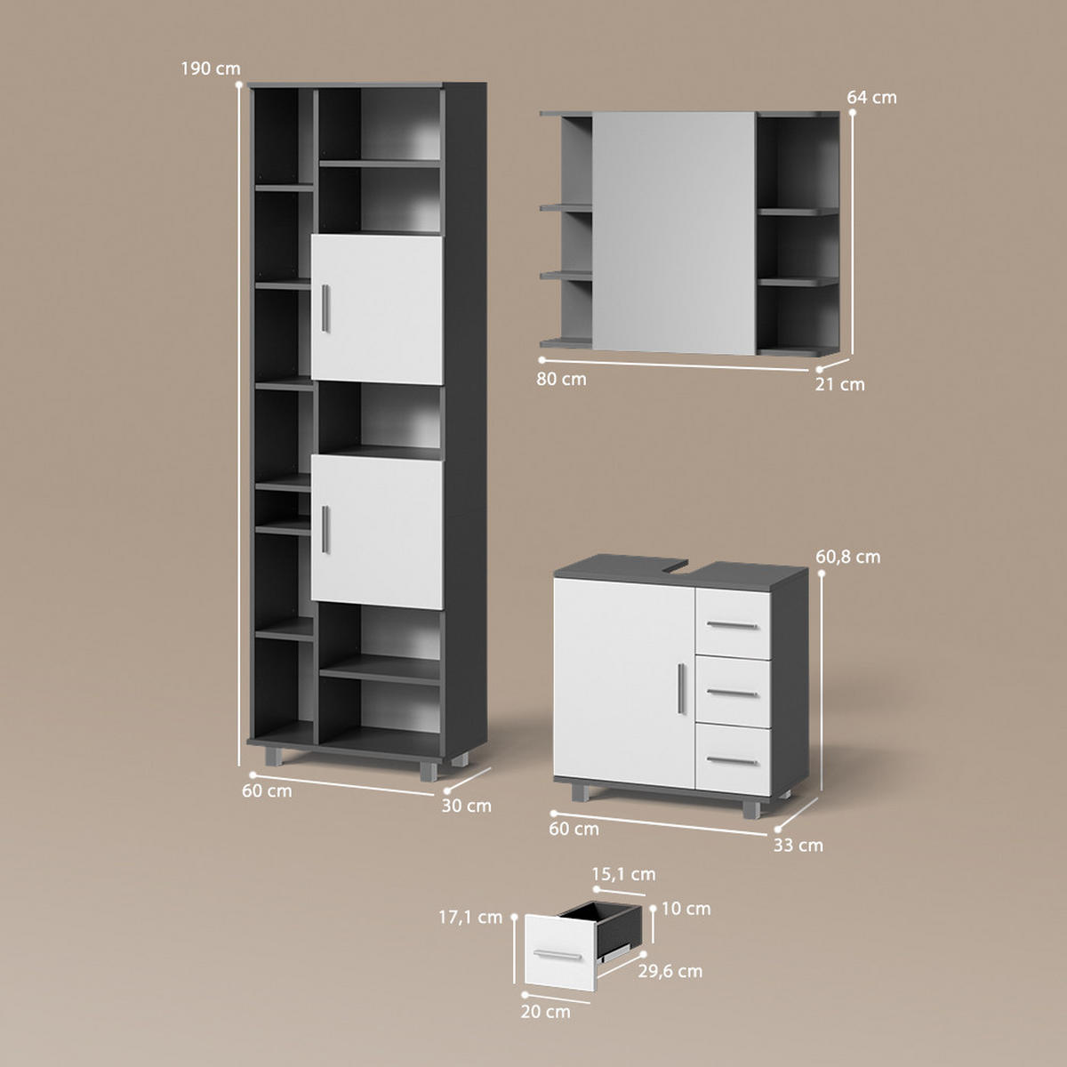 BADMÖBEL-SET Eisak Anthrazit 3 Teile, mit Hochschrank - Anthrazit/Weiß, Holzwerkstoff (60/60/33cm) - Livinity®