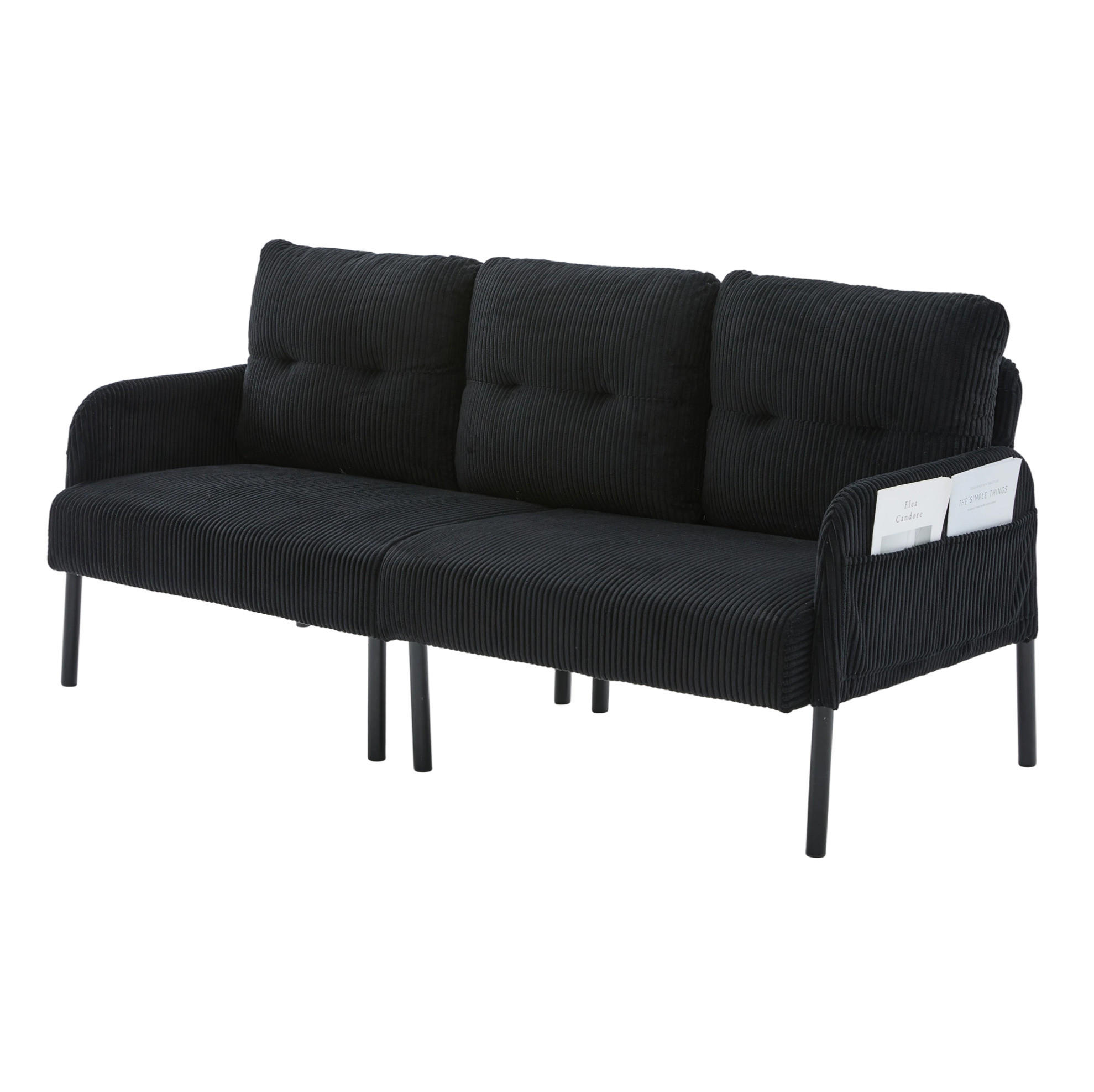 SOFA mit Seitentasche 171 x 72 x 80 cm Cord Schwarz 3-Sitzer - Schwarz, Textil (171/80/72cm) - IVMEU