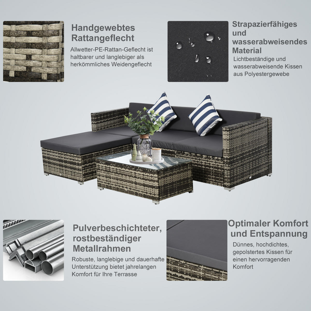 GARTENMÖBEL Set, Metall, PE-Rattan, Grau - Grau, Metall - Outsunny