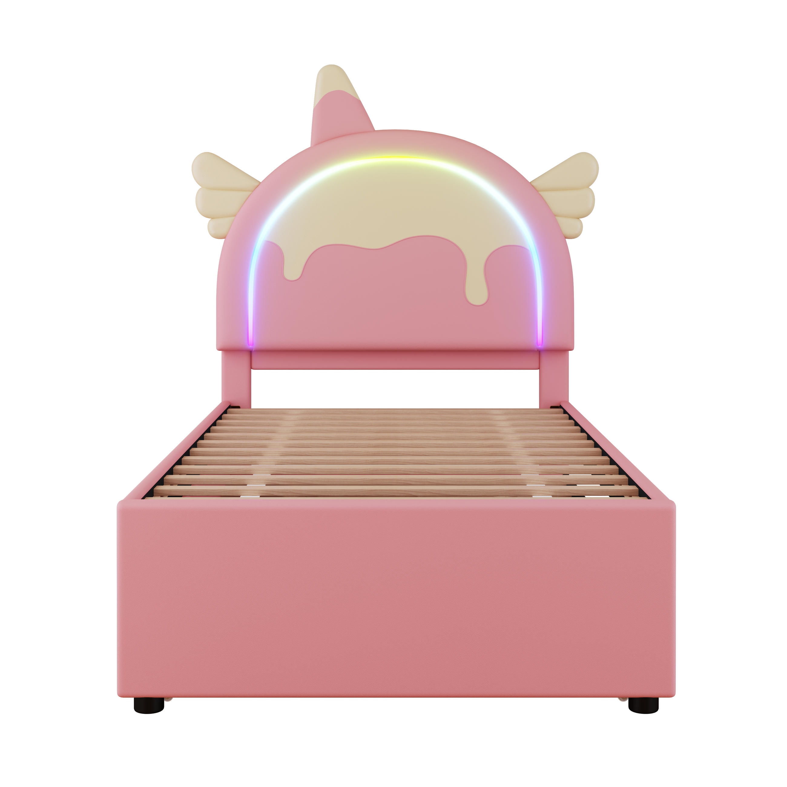 KINDERBETT 90/200 cm Rosa, mit Einhorn-Design, Ausziehbett und PU-Material - Pink, Kunststoff