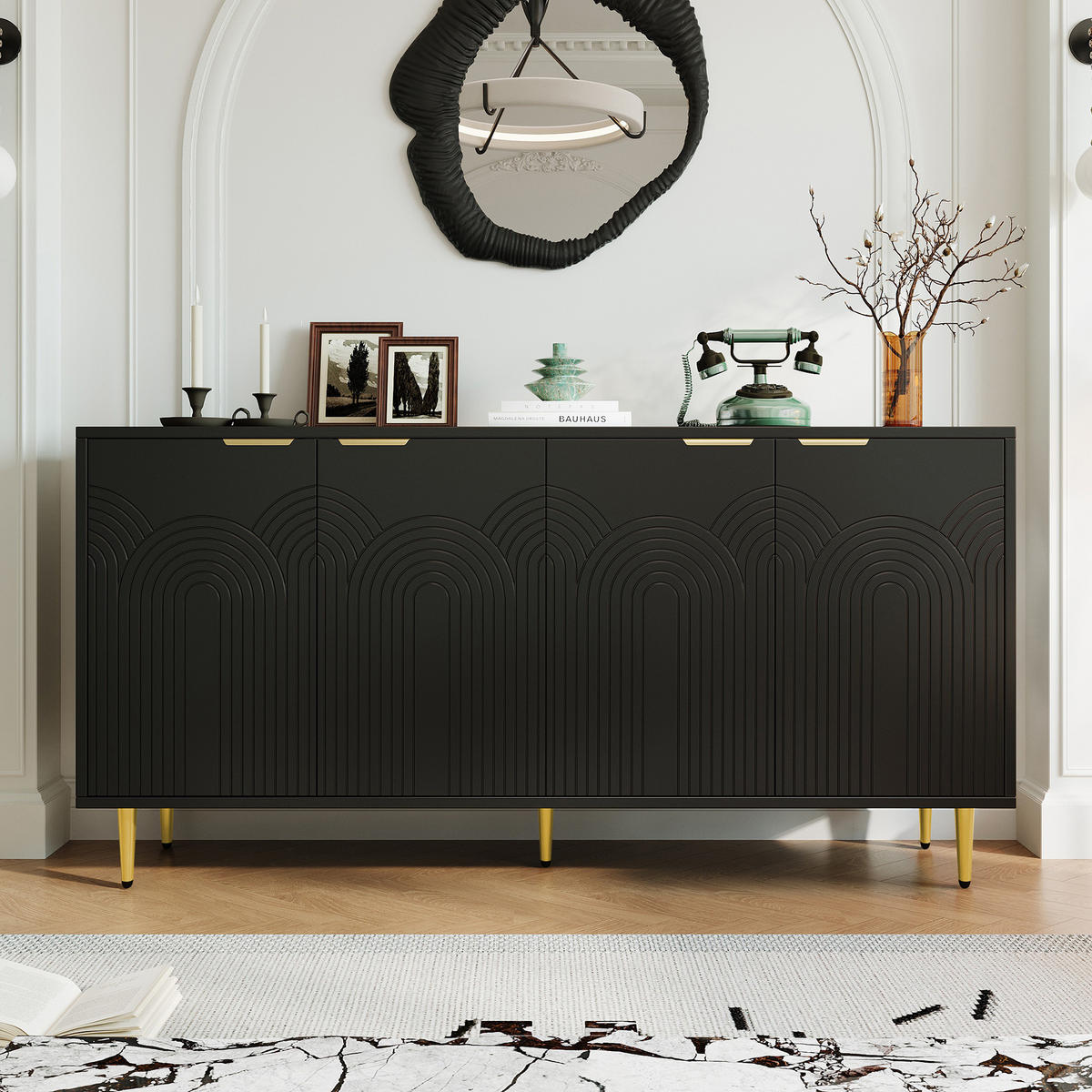 SIDEBOARD 160x40x80 cm mit 4 Türen und Hochglanzbeinen, Schwarz - Schwarz, Holz (160/80/40cm)