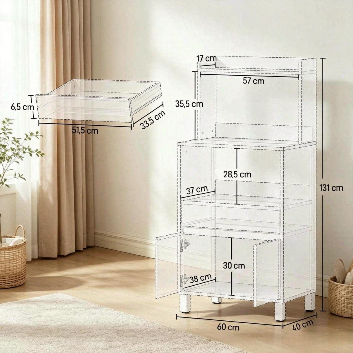 BUFFET DE-38820 60/40/131 cm Mikrowellenfach und Schublade Weiß - Weiß, Holzwerkstoff (60/131/40cm) - ComfortXL