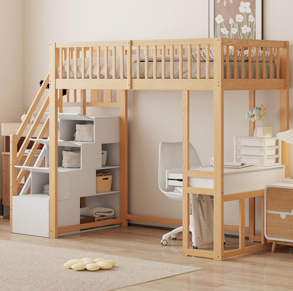 HOCHBETT 90/200 cm Weiß mit Tisch und Aufbewahrungstreppe - Weiß, Holz (90/200cm) - MIVRAY
