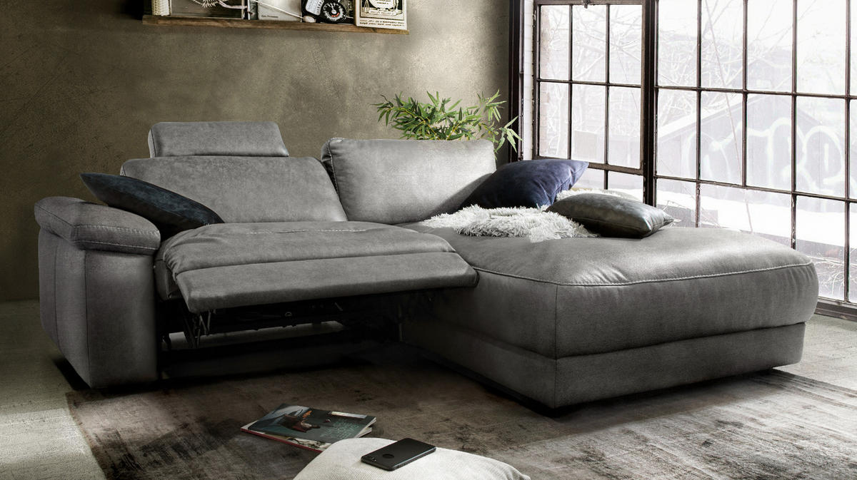 ECKSOFA MOTORISCH. RELAXFUNKTION LOLA Grau Webstoff - Schwarz/Grau, Textil (233/178cm) - KAWOLA