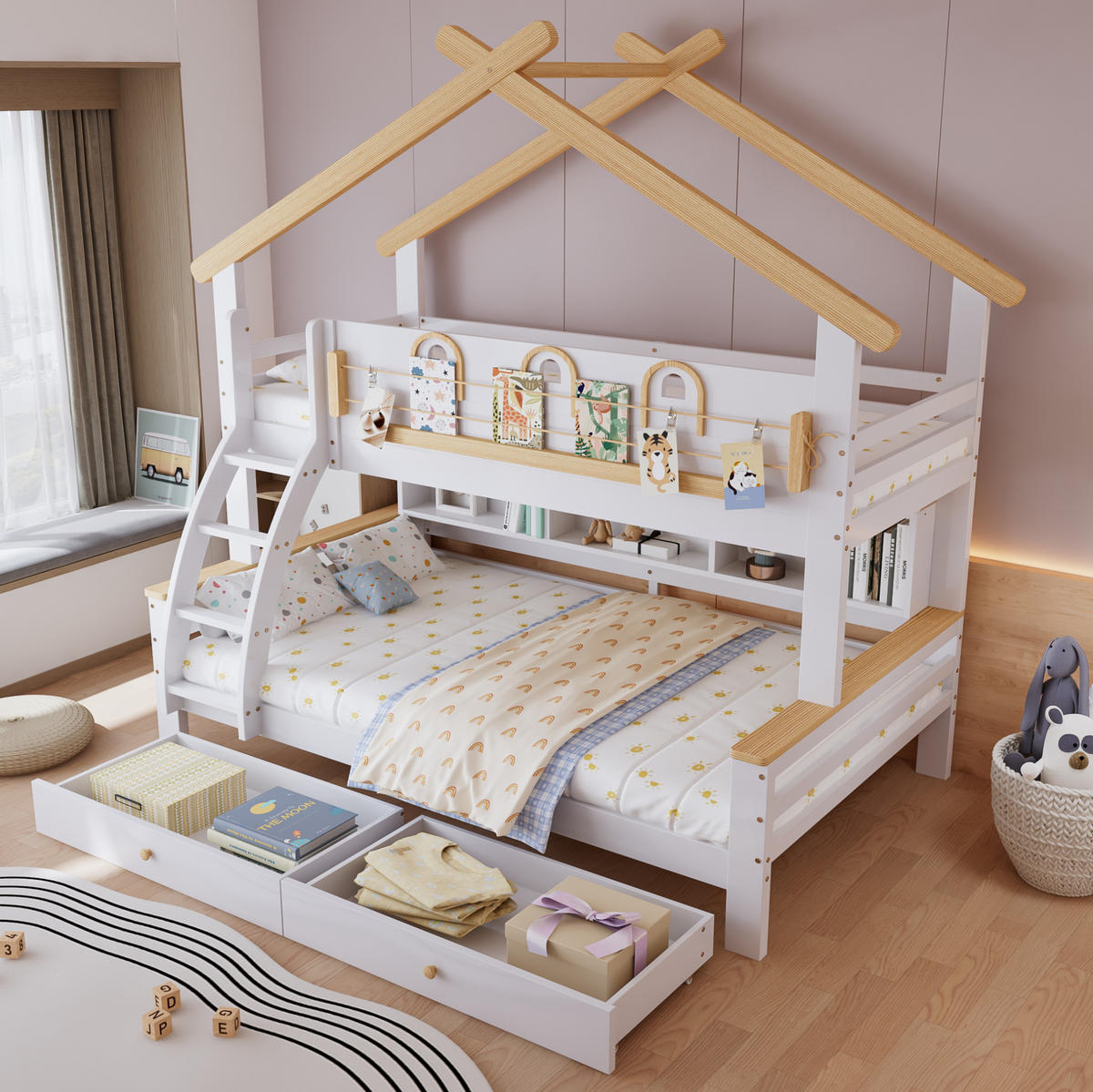 ETAGENBETT Kinderetagenbett 90/200 cm & 120/200 cm Weiß Natur mit Schubladen ohne Matratze - Weiß, Holz (90/200cm) - MIVRAY