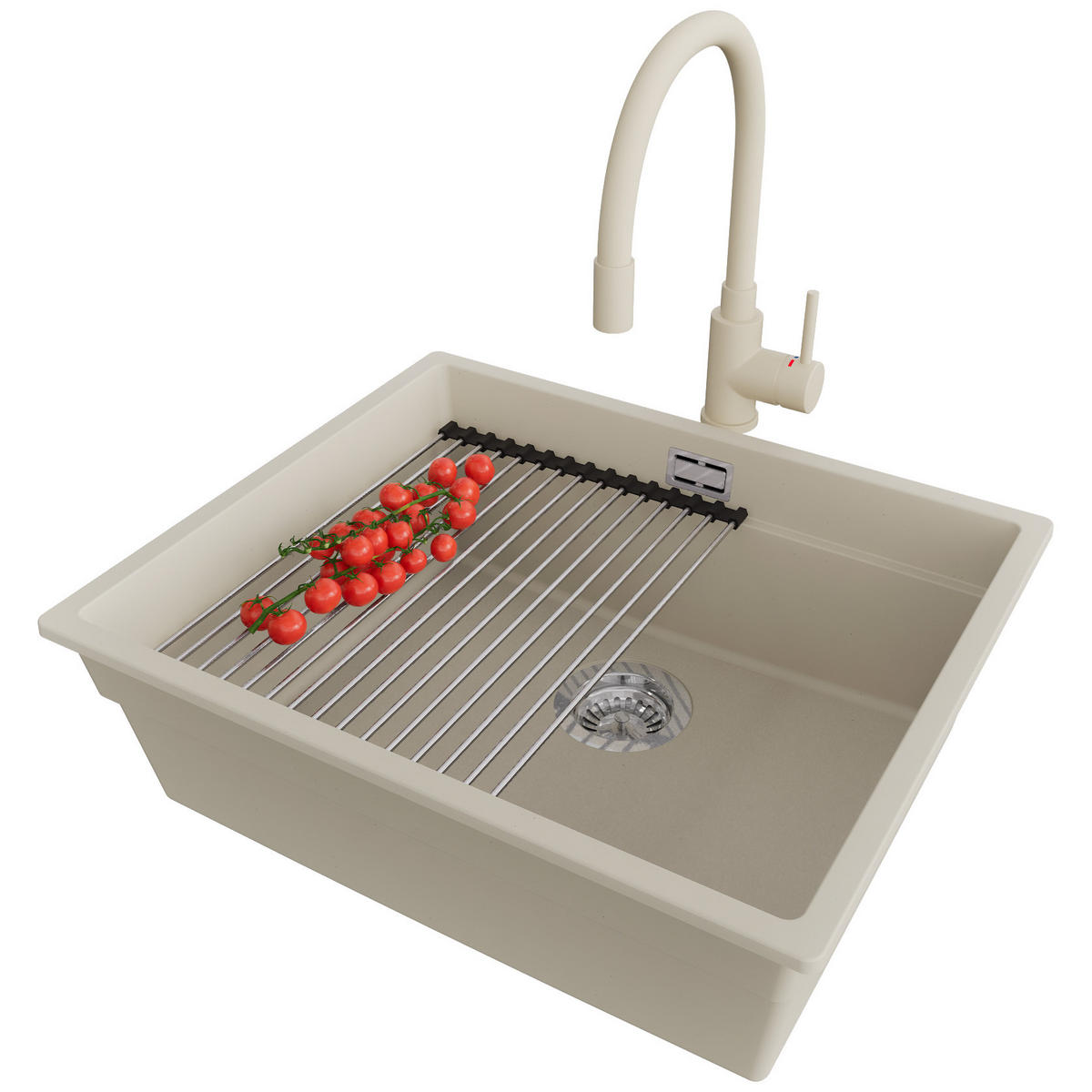 GRANITSPÜLE Praga Slim, 2-er set Beige 56/47 cm 1 Becken + Küchenarmatur 38/14 cm + Ablauf-Set + Aufrollbare Abtropffläche ab 60er Unterschrank - Chromfarben/Beige, Kunststoff (56/20/47cm) - Primagran