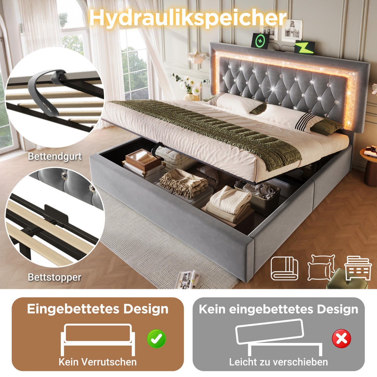 POLSTERBETT 160/200 cm aus Samt mit LED-Beleuchtung, USB-Type-C Ladestation und Bettkasten und Matratze, Grau - Grau, Textil (160/200cm) - Redom