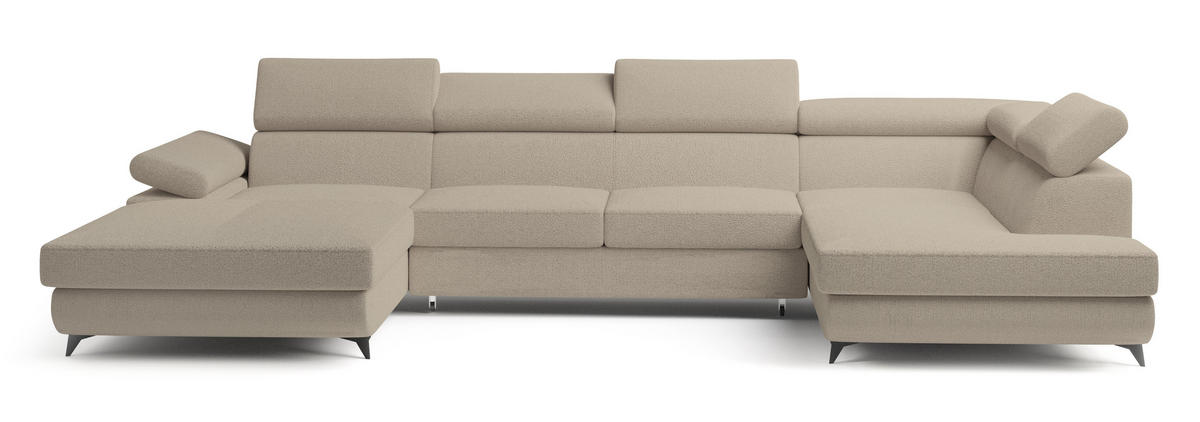 WOHNLANDSCHAFT RUBANO R-S Beige Boucle-Stoff mit Schlaffunktion - Beige, Holz (339/89/190cm) - MASSENO