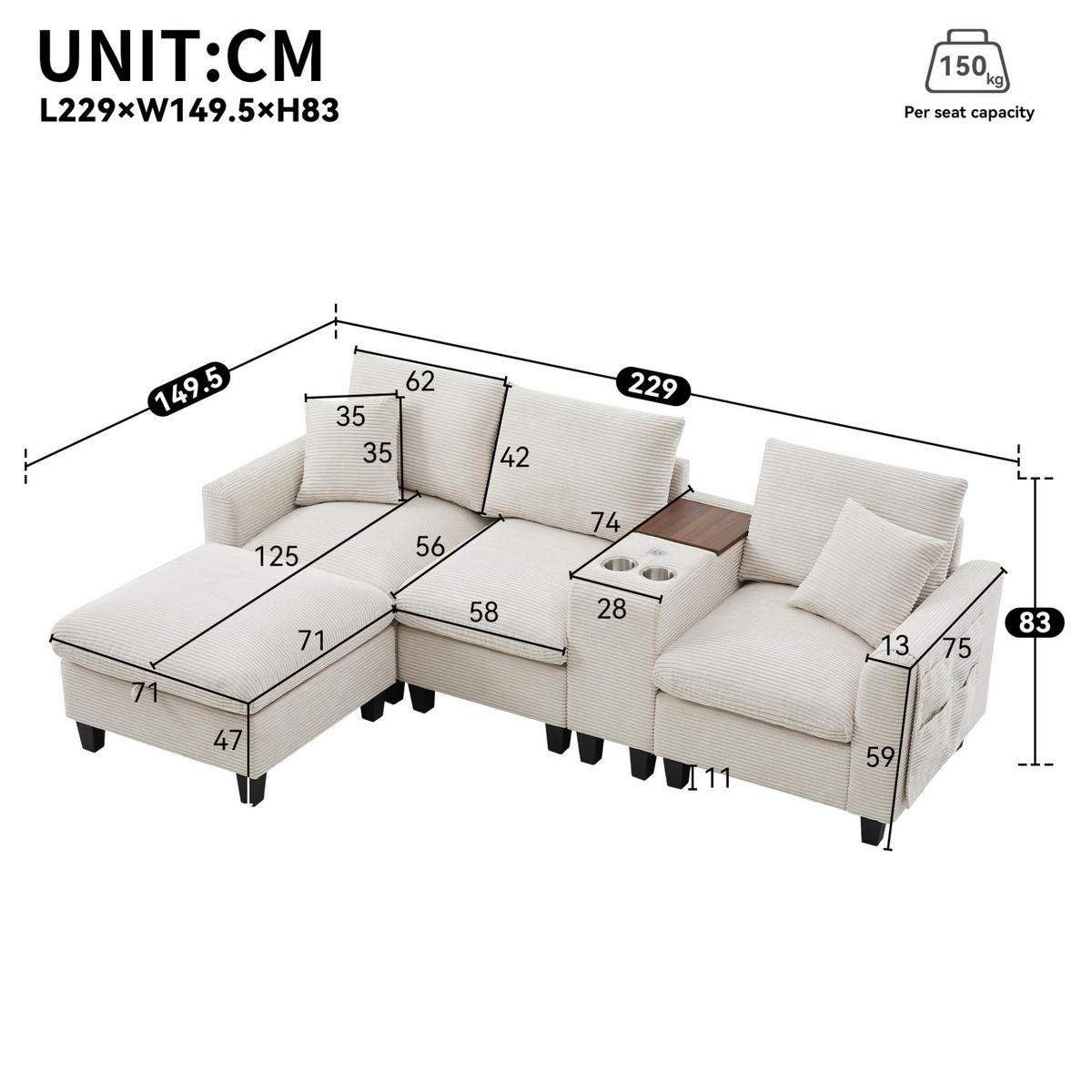 WOHNLANDSCHAFT aus Cordstoff 229x149,5x83 cm Beige mit USB-Anschlüssen, Becherhaltern, Konsole und Stauraumhocker - Beige, Textil (149.5/229cm) - Modfu