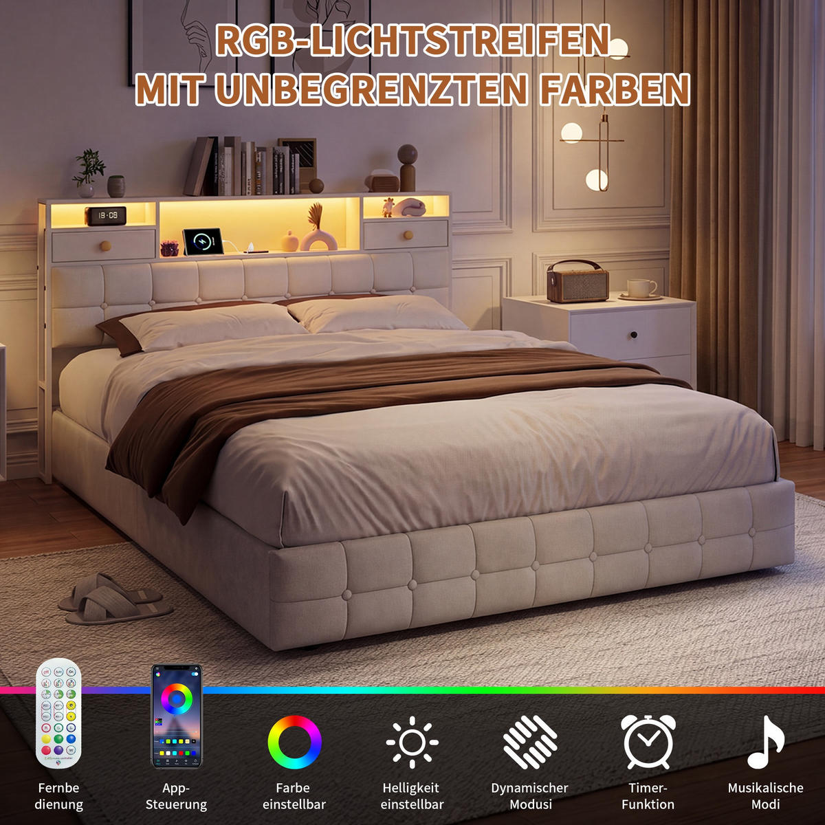 STAURAUMBETT 160/200 cm aus Samt, mit 4 seitlichen Schubladen + 2 Kopfteil-Schubladen, LED und USB-Anschluss, Beige - Beige, Holzwerkstoff (140/200cm) - Brevoria
