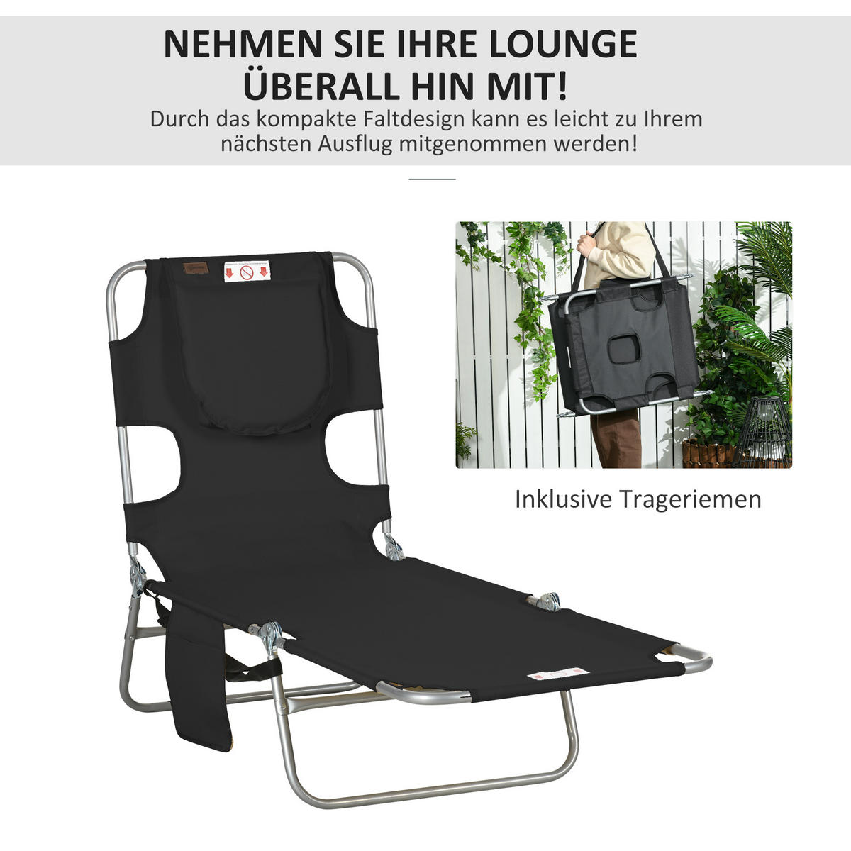 SONNENLIEGE klappbar Gartenliege mit Lesefenster, Kopfkissen, Liegestuhl Schwarz - Schwarz, Textil/Metall (55/29/185cm) - Outsunny