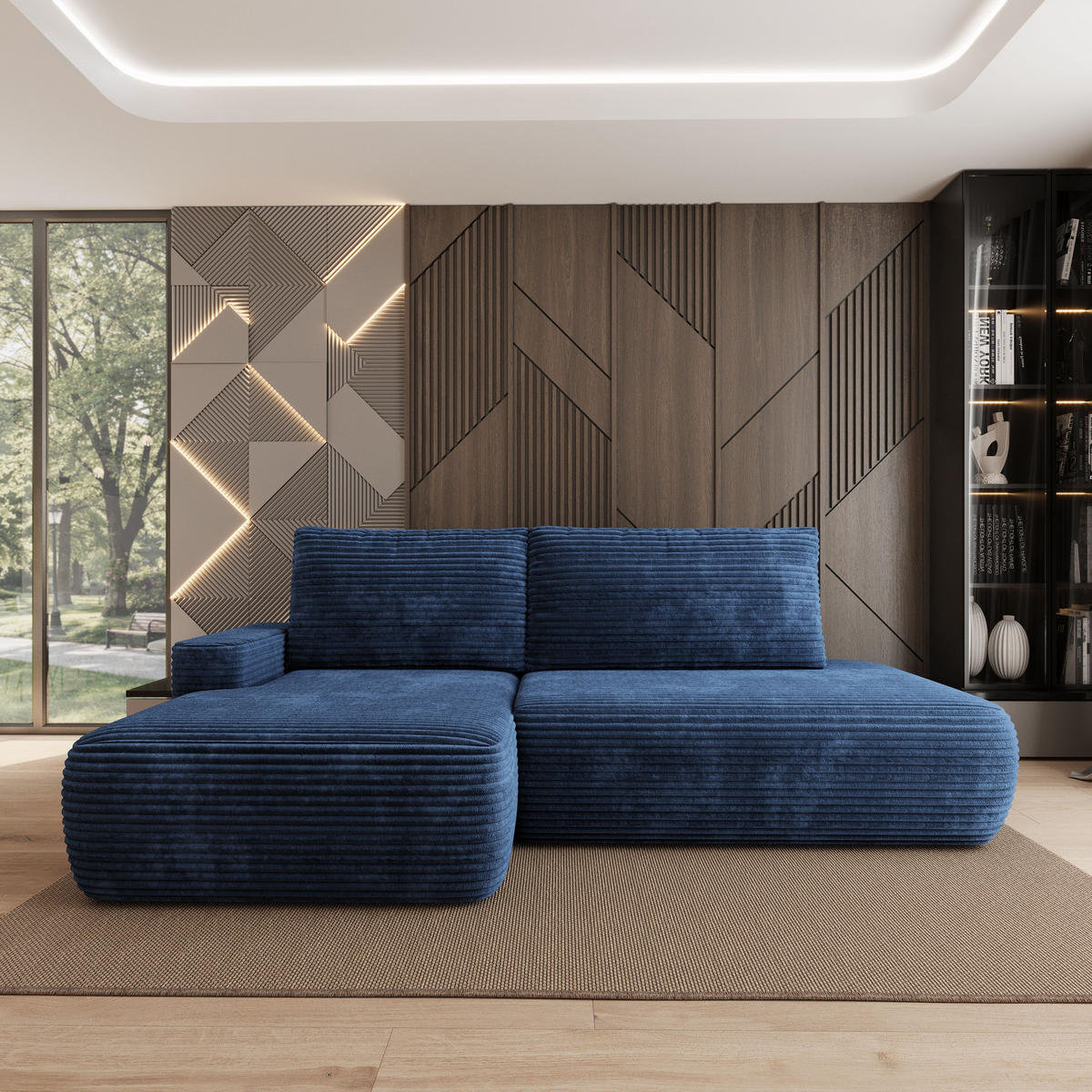 ECKSOFA AVINI T L-S Blau Kordstoff mit Schlaffunktion - Blau, Holzwerkstoff/Textil (277/160cm) - MASSENO