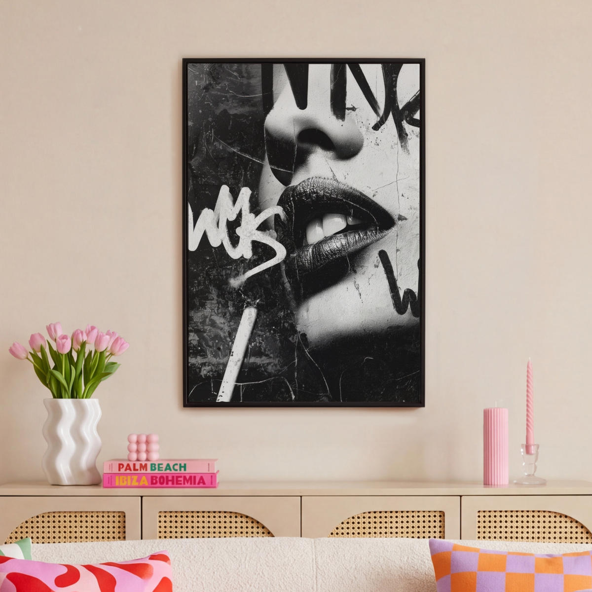 LEINWAND Bilder mit Rahmen - Gesicht - Mund - Graffiti - Schwarz - 60x90 - Schwarz, Textil (60/90cm) - MuchoWow
