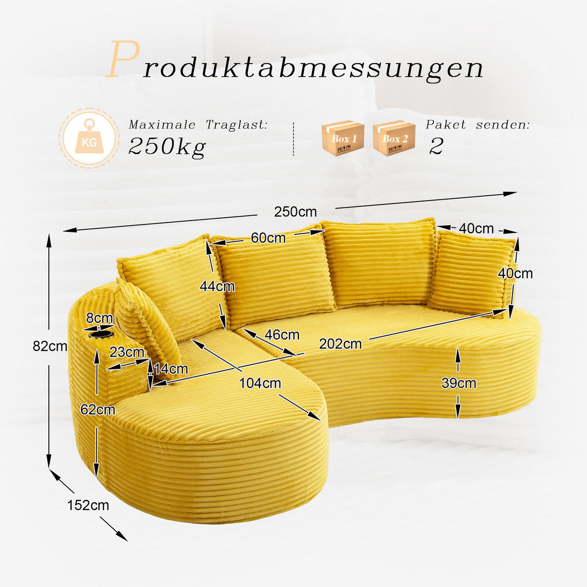 ECKSOFA Cord Senfgelb mit Getränkehaltern, Seitentaschen und Kissen - Gelb, Textil (250/152cm) - WISHDOR