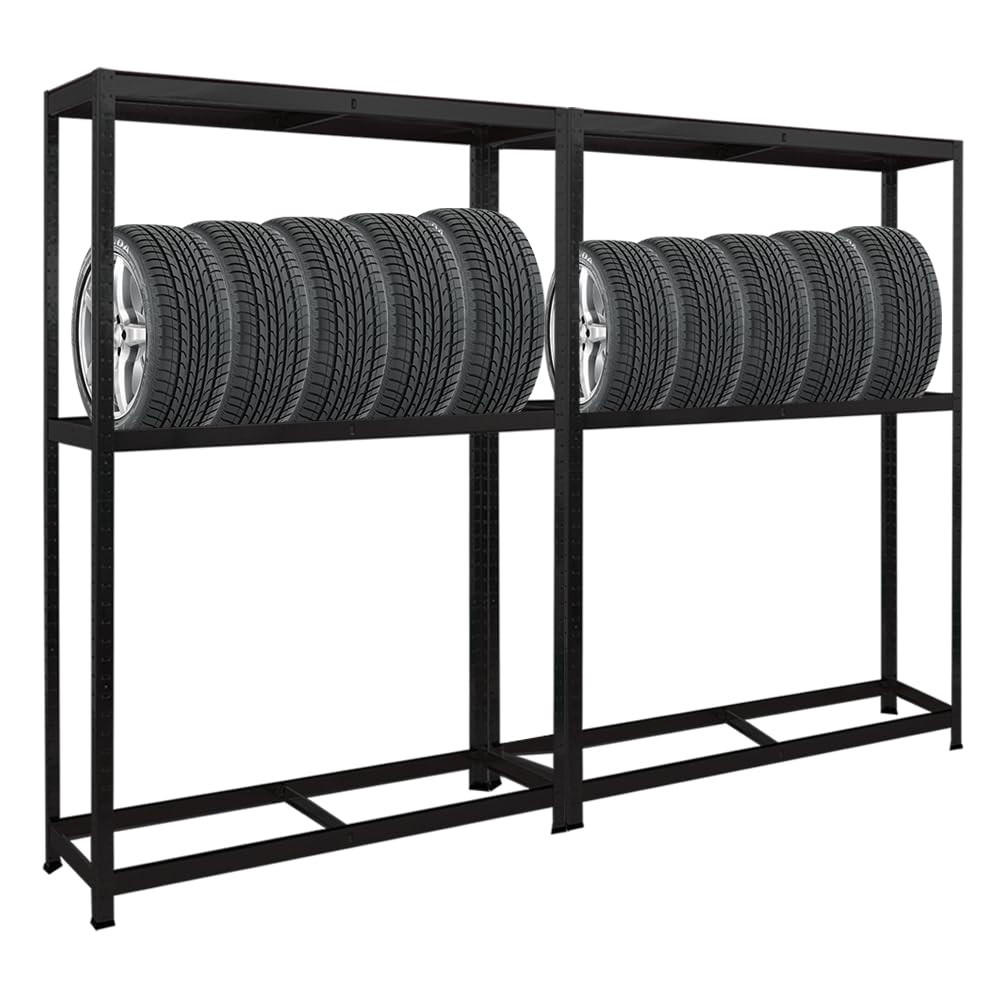 REIFENREGAL Ragnar 2er-Set mit 2x 180x120x40 cm bis zu 8 Reifen auf 2 Ebenen + Ablage 265 kg Fachlast Schwarz - Schwarz, Metall (240/180/40cm) - PROREGAL