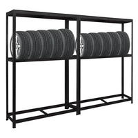 REIFENREGAL Ragnar 2er-Set mit 2x 180x120x40 cm bis zu 8 Reifen auf 2 Ebenen + Ablage 265 kg Fachlast Schwarz - Schwarz, Metall (240/180/40cm) - PROREGAL