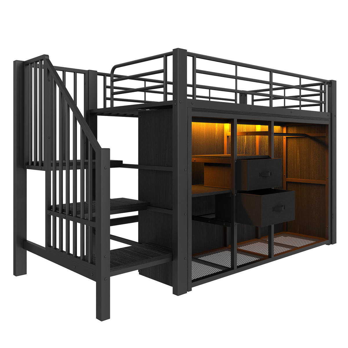 HOCHBETT Kinderbett 90/200 cm aus Metall und MDF mit LED-Beleuchtung und offenem Kleiderschrank Schwarz - Schwarz, Metall (90/200cm) - Modenvie