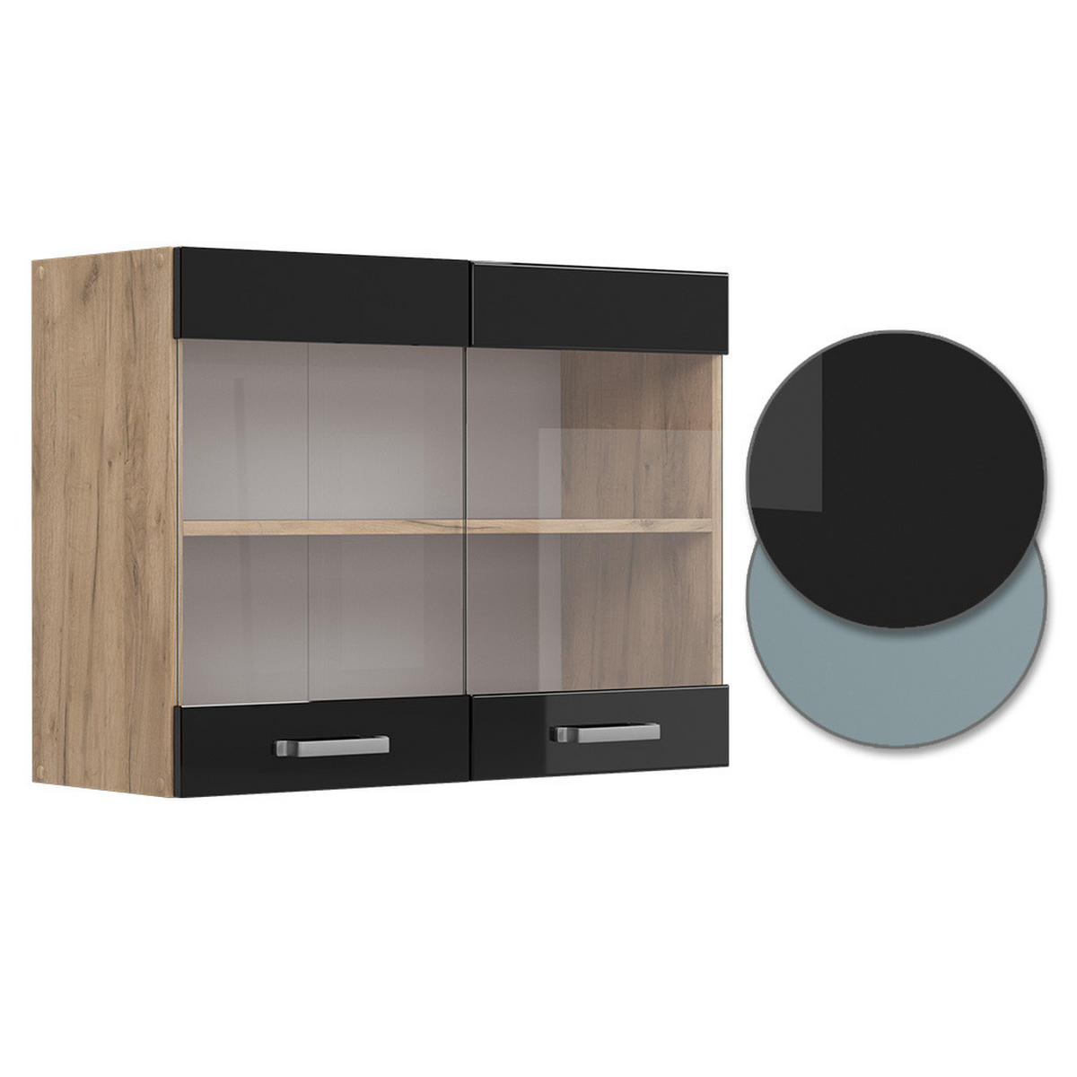 KÜCHENGLASSCHRANK R-Line Schwarz Hochglanz 80 cm - Honigeiche/Schwarz Hochglanz, Holzwerkstoff (80/60/31cm) - Vicco