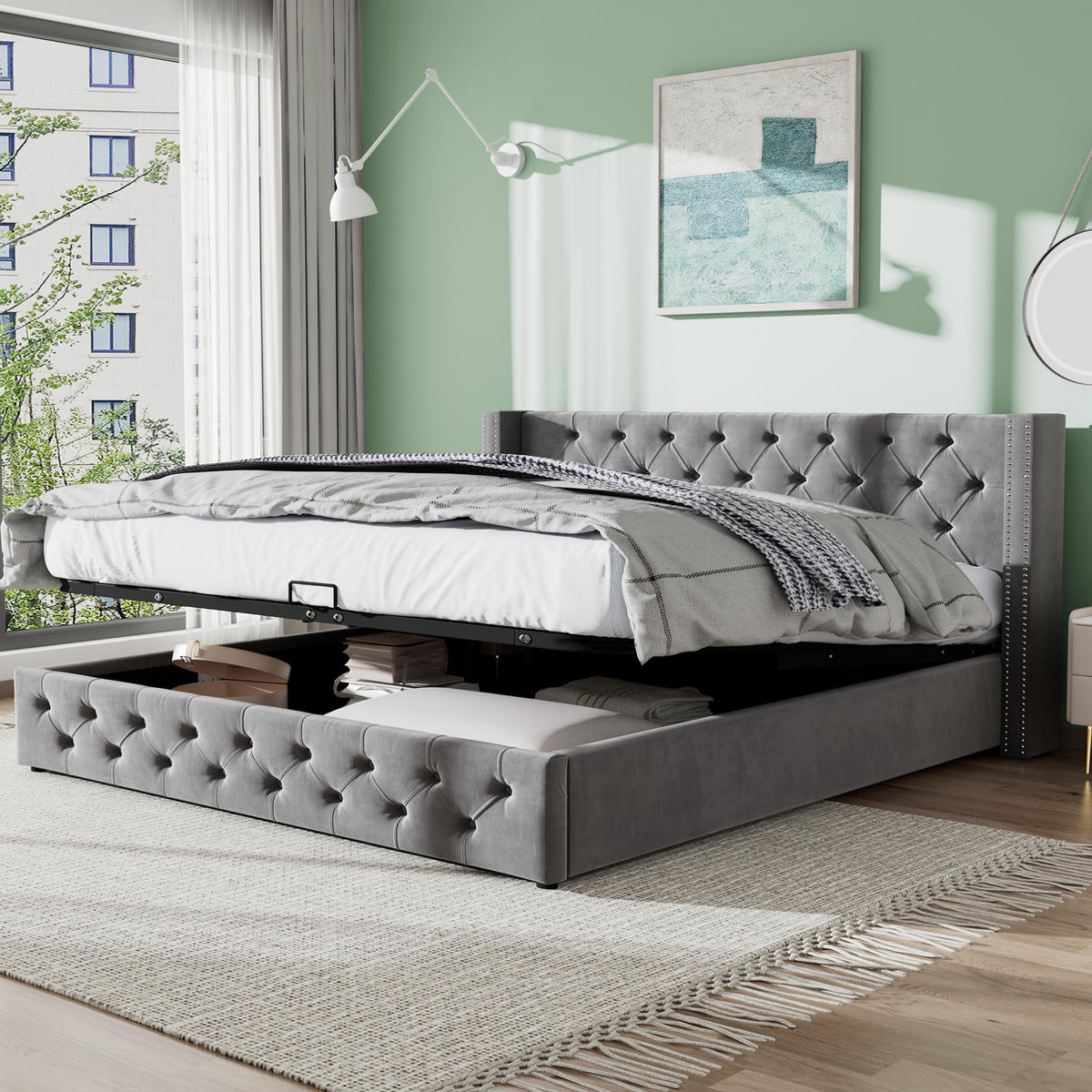 POLSTERBETT 140/190 cm grau aus Samt mit Bettkasten - Grau, Textil (140/200cm) - OKMYHOME