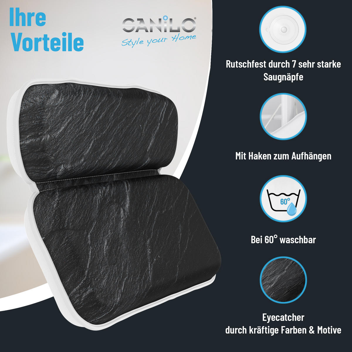 BADEWANNENKISSEN Granit - Schwarz, Kunststoff (39/5.5cm) - Sanilo