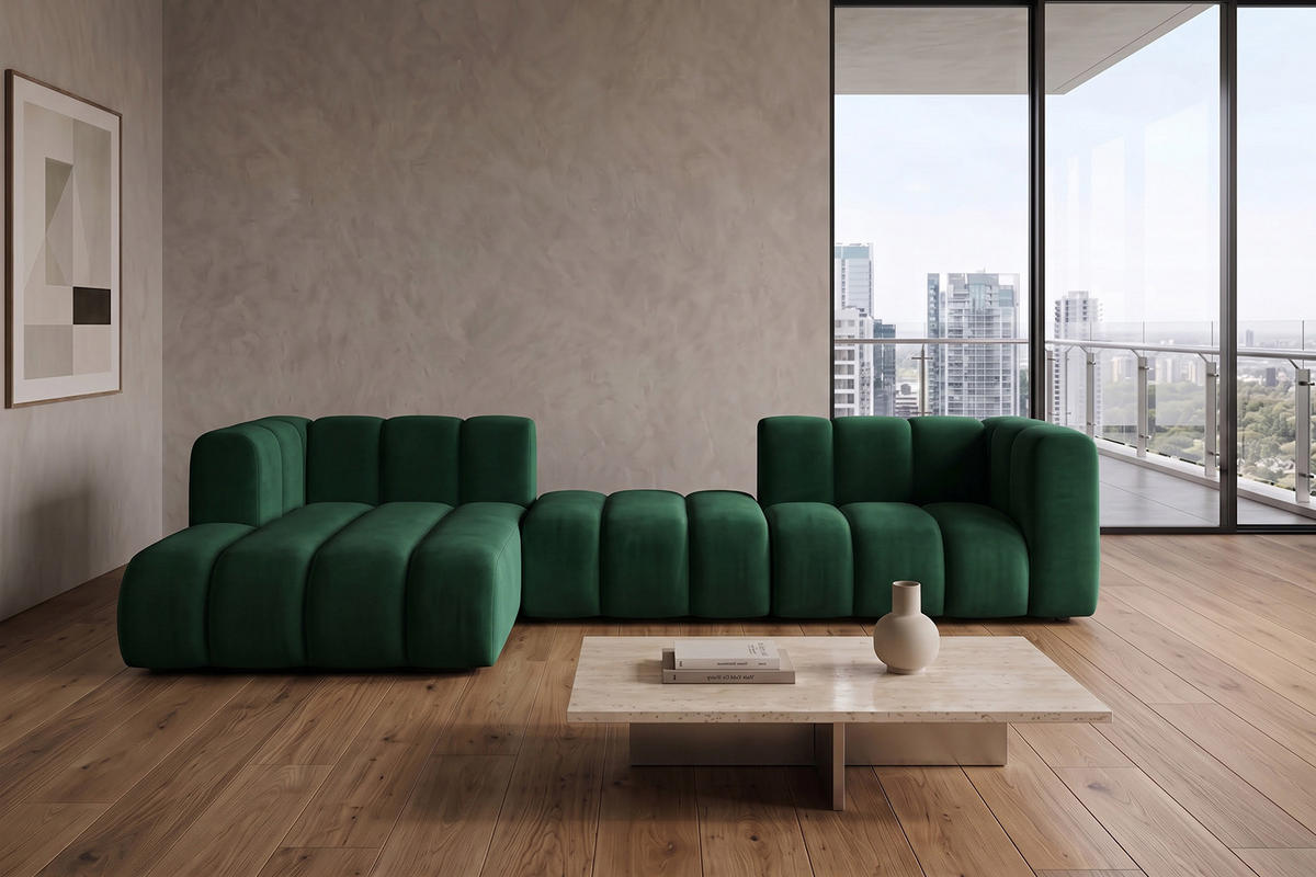 ECKSOFA Modulares In L-Form, Velvet-Stoff Riviera, Grün, Links, GRAND 319 cm - Grün, Holz (319/175cm) - Kaiser Möbel