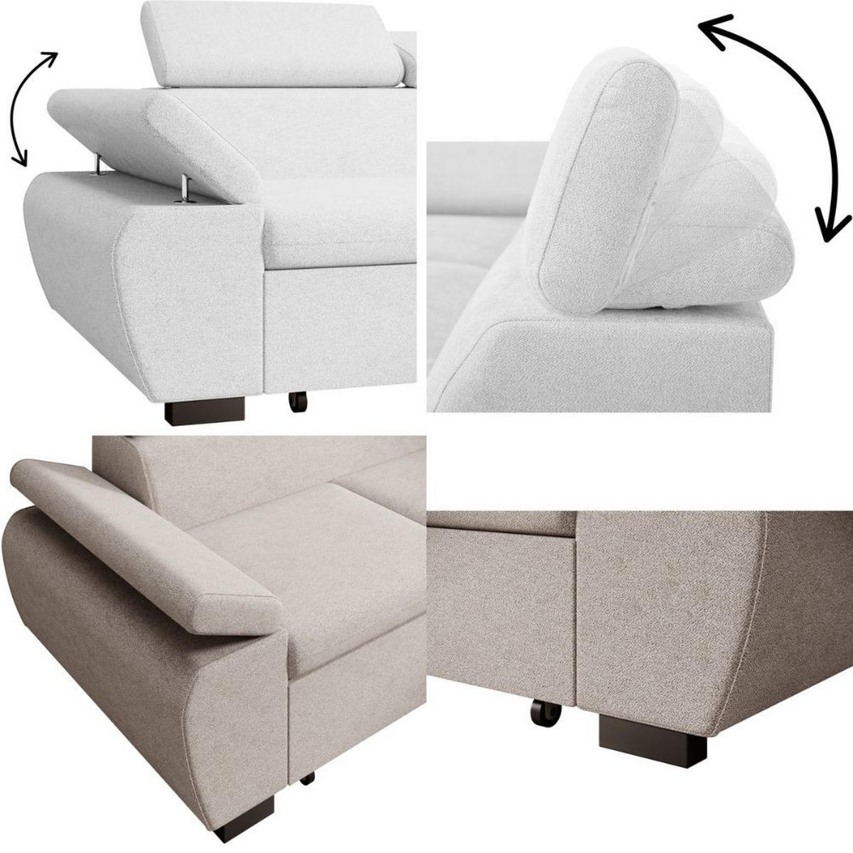 ECKSCHLAFSOFA Coco mit verstellbare Kopfstützen, beige, links - Beige, Textil (273/191cm) - Beautysofa