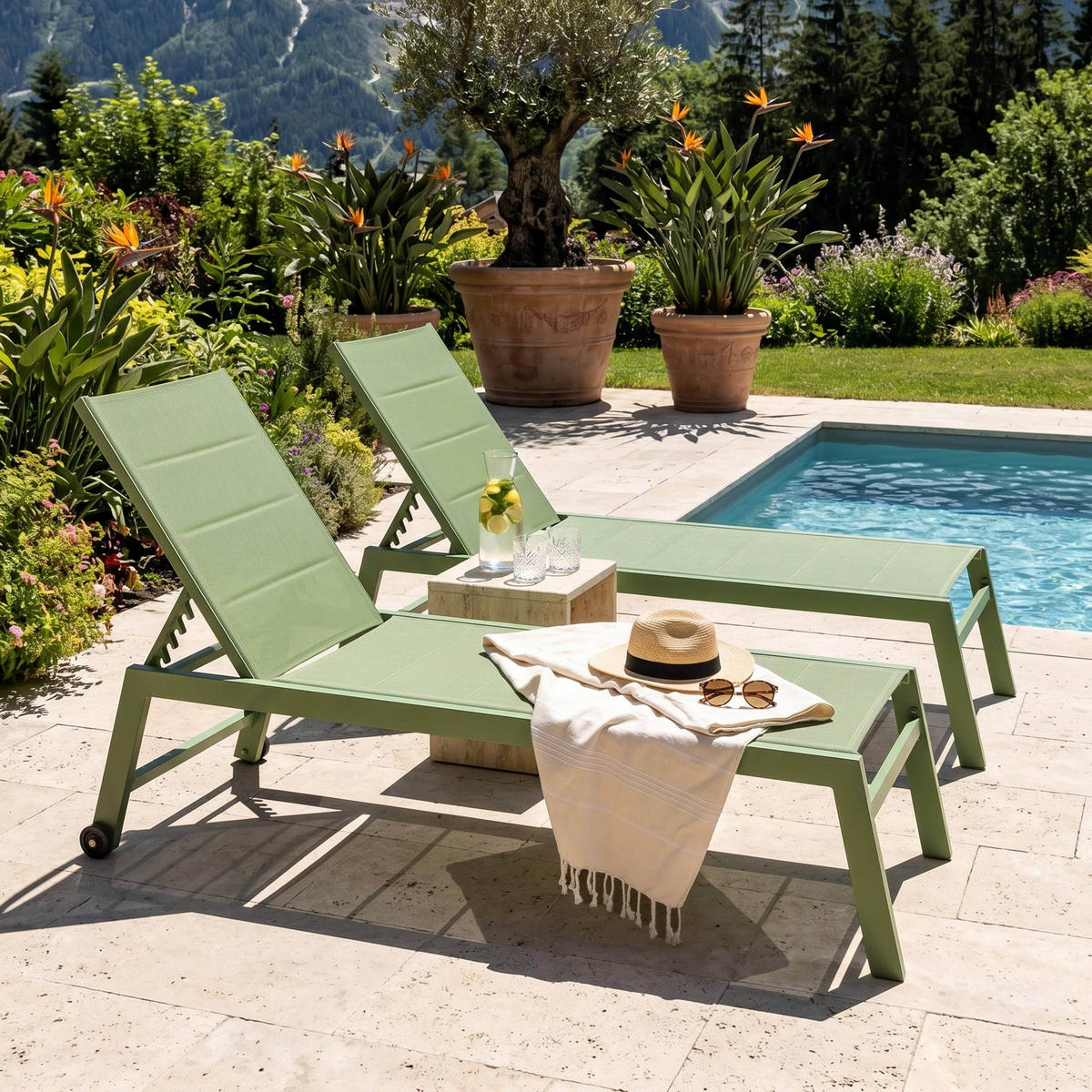 SONNENLIEGE 2-tlg., Grün - Grün, Metall (169/103/65cm) - Oviala