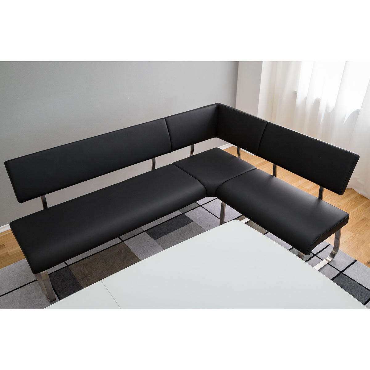 ECKBANK - Kunstleder / Edelstahl - Schwarz / Edelstahl - Edelstahlfarben/Schwarz, Kunststoff/Metall (200/86/150cm) - home24