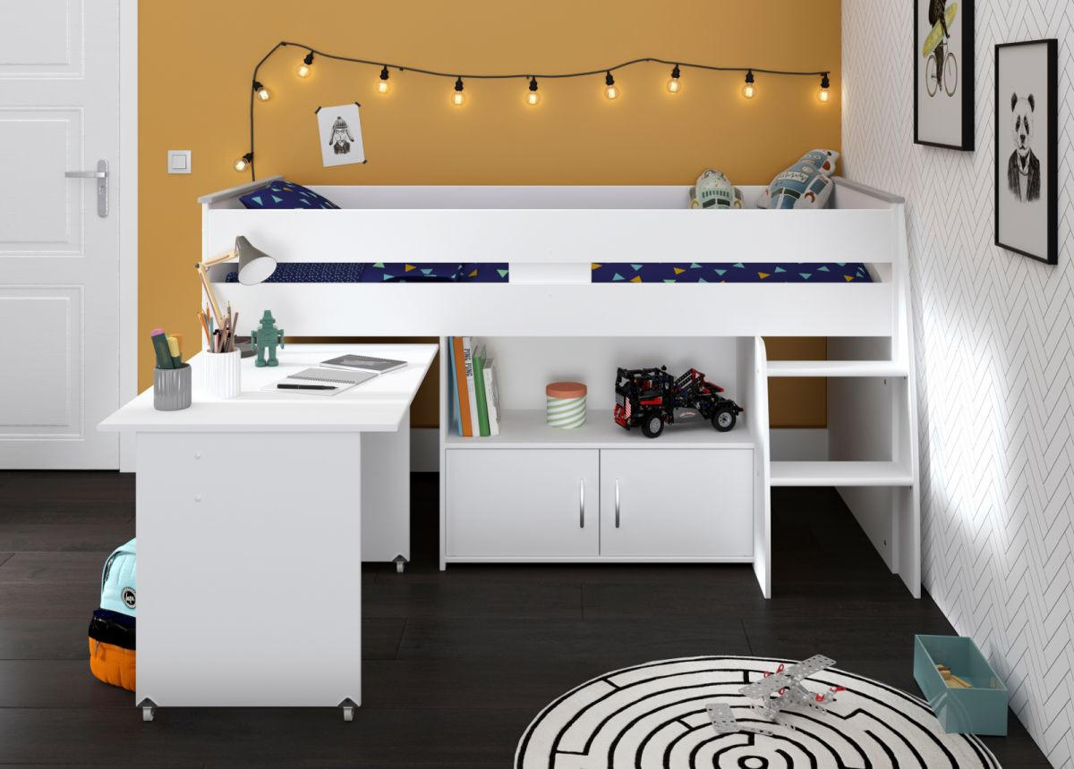 KINDERZIMMER weiß, Komplett-Set 2-teilig mit Stauraumbett, Kommode - Silberfarben/Weiß, Holzwerkstoff/Kunststoff (115/110/204cm) - Parisot Meuble