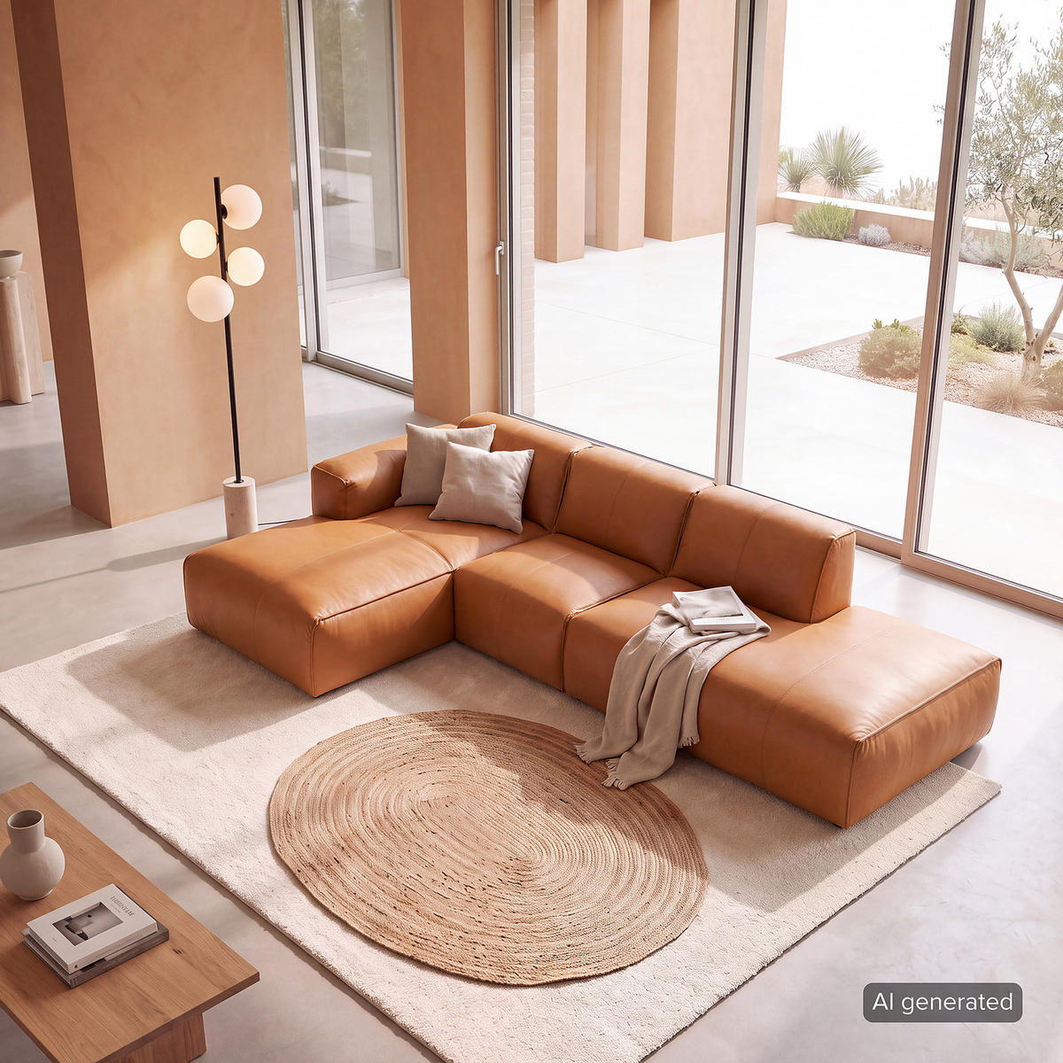ECKSOFA mit Chaiselongue - Cognac/Schwarz, Leder/Kunststoff (290/173cm) - home24