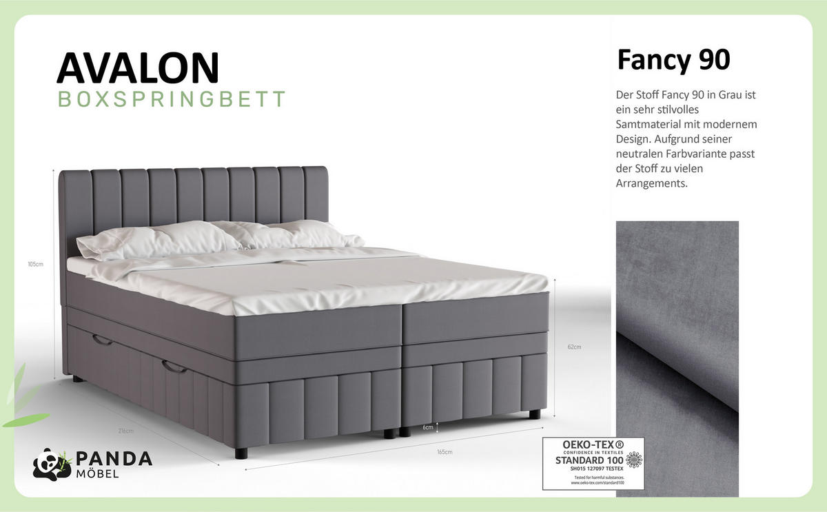 BOXBETT AVALON 160 x 200 cm mit Bettkasten und Topper - Dunkelgrau - Dunkelgrau, Holz - Panda Möbel
