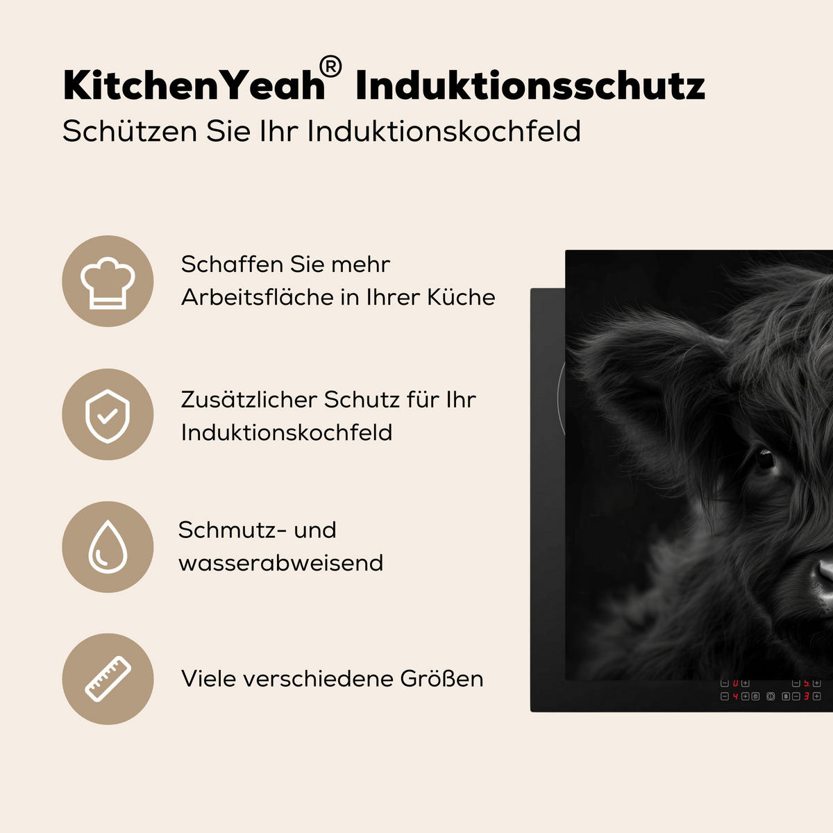 HERDABDECKPLATTE Scottish Highlander - Schwarz - Kalb - Kuh Herdabdeckung Induktionsfeld 70x52 cm - Schwarz, Kunststoff (70/52/0.2cm) - MuchoWow