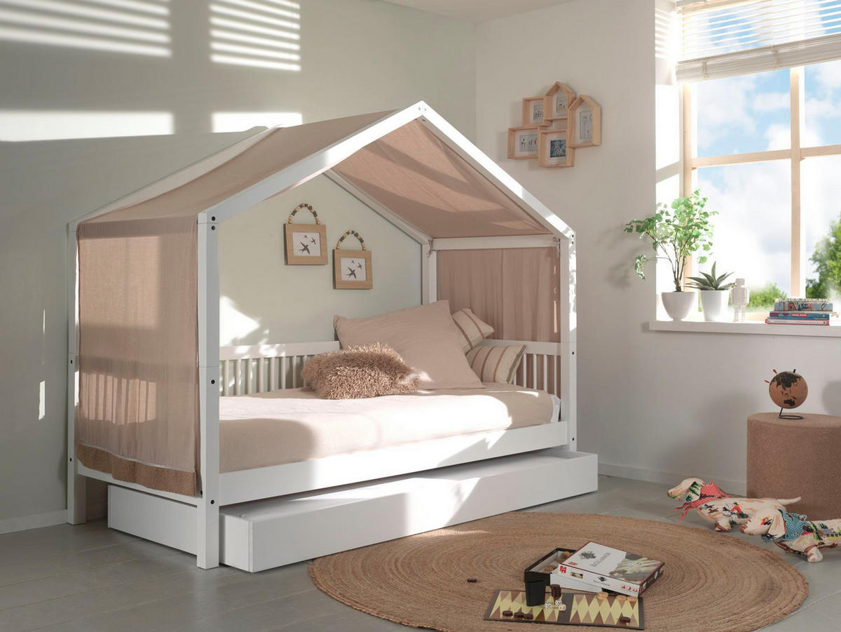 HAUSBETT 90x200 Keeley Buche Weiß Holz Himmel Schublade Komfort Stabil - Weiß, Holz (90/200cm) - 58aufmkessel