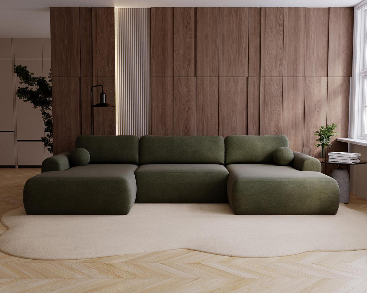 WOHNLANDSCHAFT Aurora Olivgrün, mit Schlaffunktion in Vena Stoff - Olivgrün, Holzwerkstoff/Textil (344/92/177cm) - Bettso