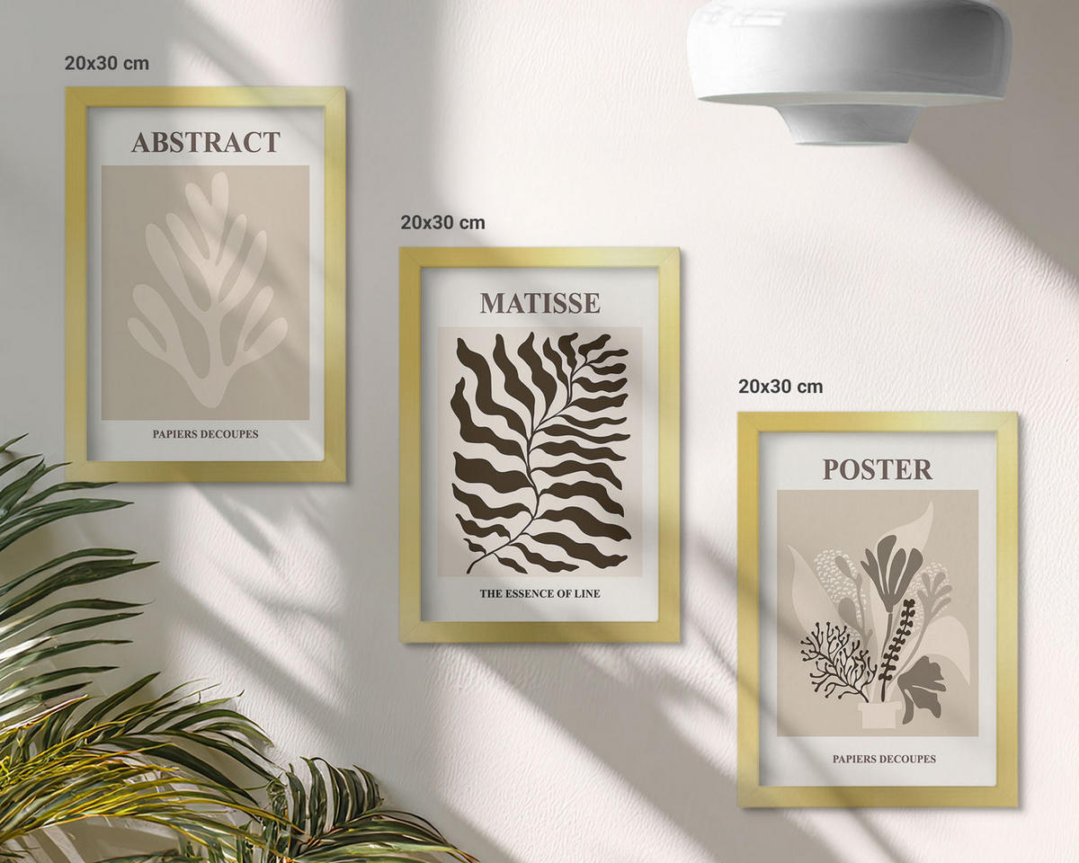 BILDER SET 3er Set - 20x30 cm Goldrahmen - Beige-braune Pflanzenmuster - Goldfarben, Kunststoff (20/30cm) - TULUP