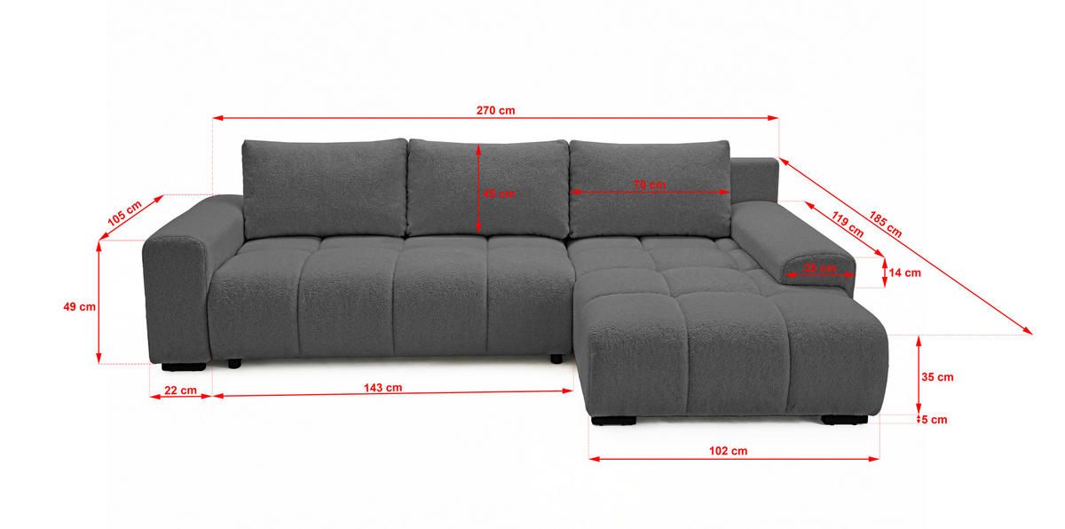 ECKSOFA Ovia mit Bettkasten und Schlaffunktion, Bouclé-Stoff in L-Form - Dunkelgrau, Textil (270/185cm)