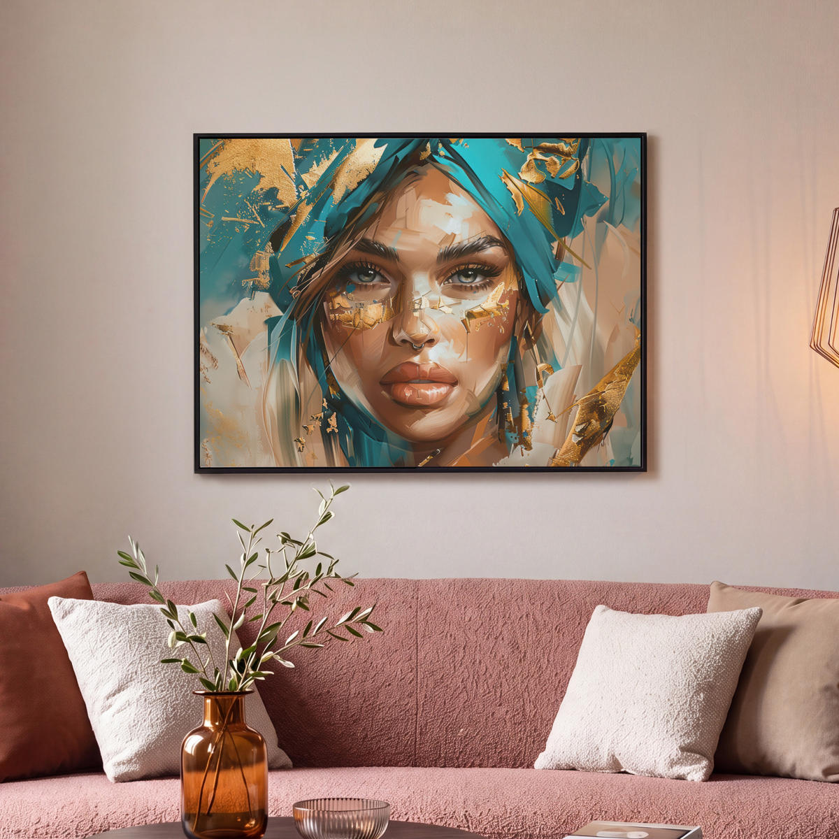 LEINWAND Bilder mit Rahmen - Frau - Porträt - Gold - Luxus - Blau - 70x50 - Türkis, Textil (70/50cm) - MuchoWow