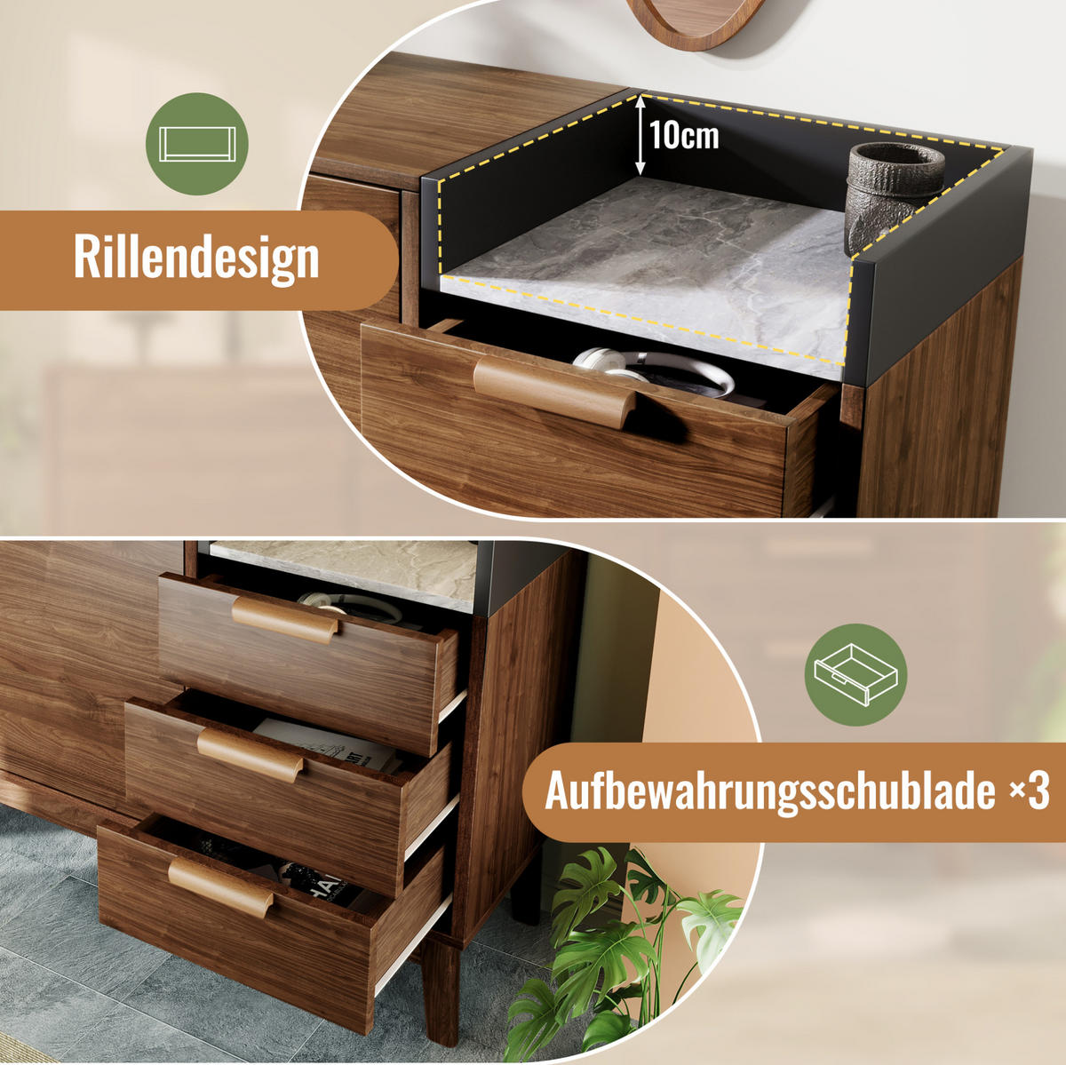SIDEBOARD in dunkler Eiche mit Marmor-Optik Platte, 3 Schubladen und Doppeltürschrank, kehrroboterfähig, 120/40/77 cm, dunkler Eiche - Eichefarben, Holzwerkstoff (120/77/40cm) - Redom