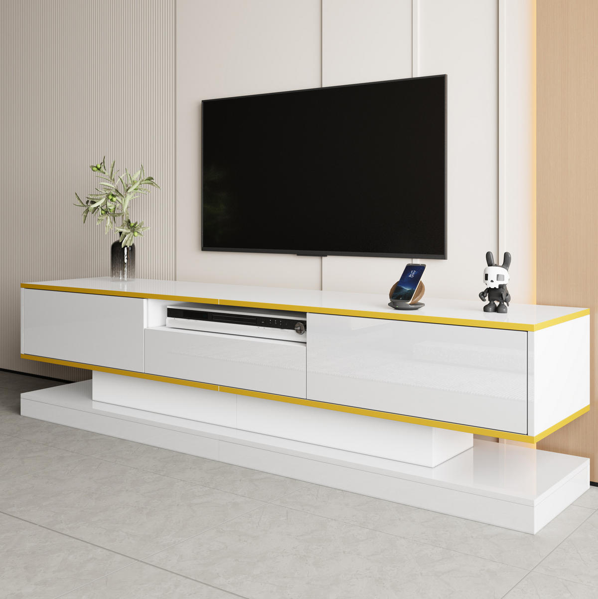 TV-SCHRANK mit 3 Schubladen 180 x 38 x 45 cm Hochglanz Weiß - Weiß, Holzwerkstoff (38/45/180cm) - Beauniv