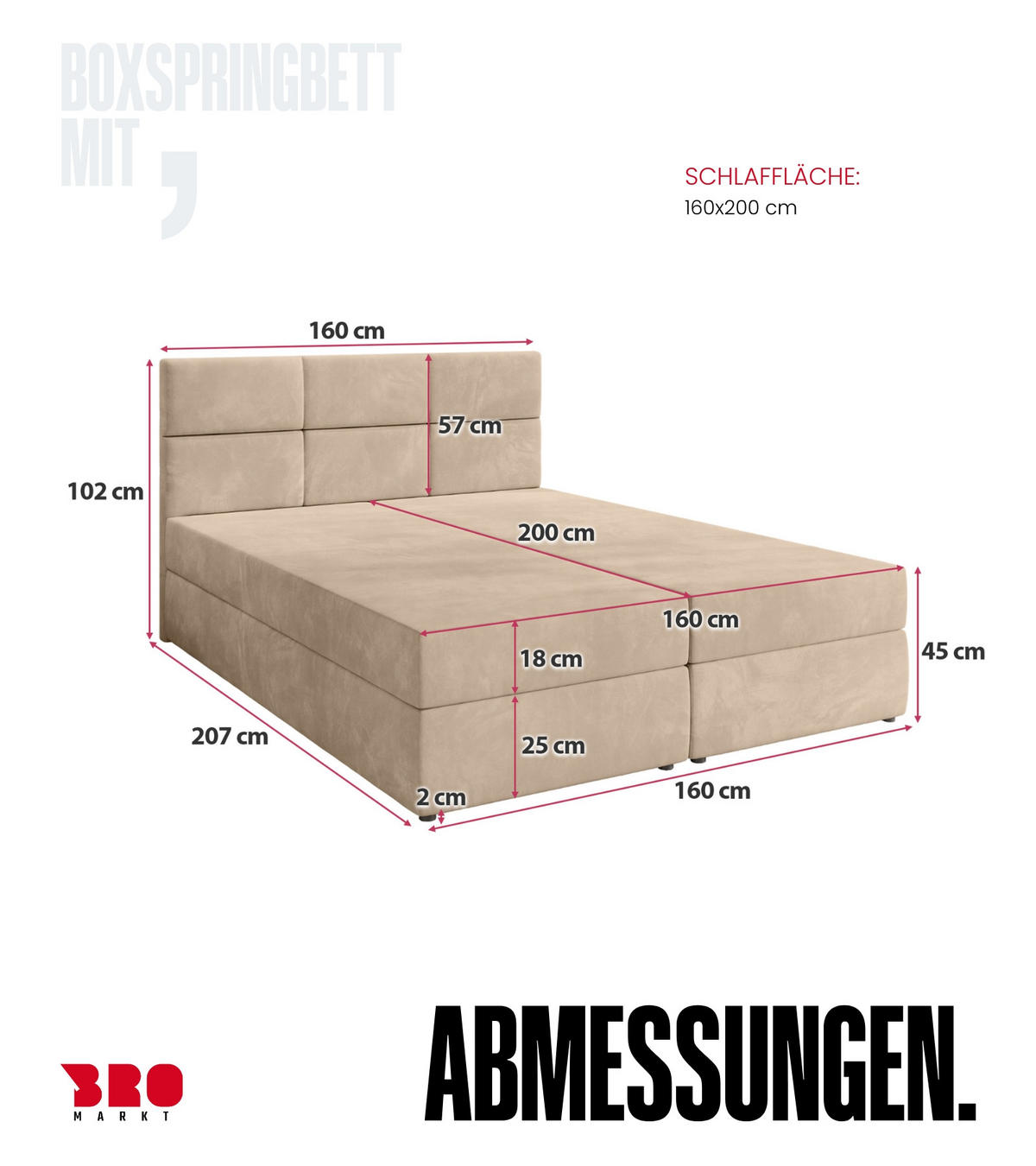BOXBETT Boston mit Topper 160/200 Beige - Beige, Holzwerkstoff/Textil (160/200cm) - Bromarkt
