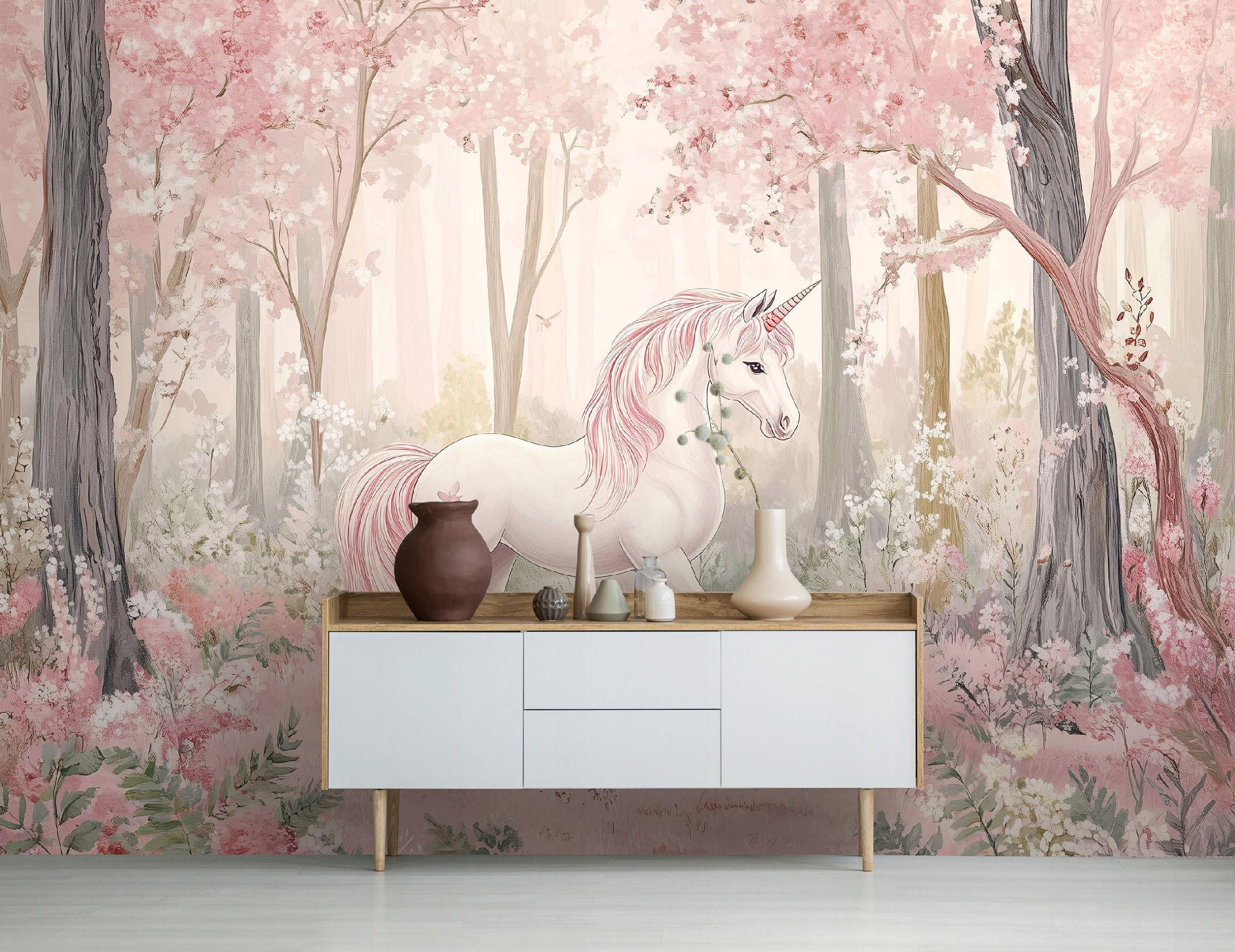 FOTOTAPETE Kinderzimmer Mädchen Einhorn Wald 400x280 - Multicolor, Papier (400/280cm) - Wallarena