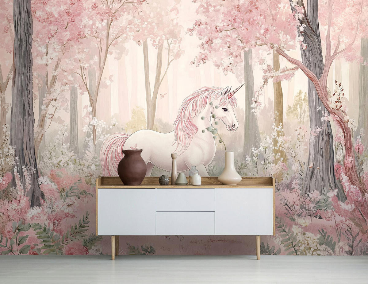 FOTOTAPETE Kinderzimmer Mädchen Einhorn Wald 400x280 - Multicolor, Papier (400/280cm) - Wallarena
