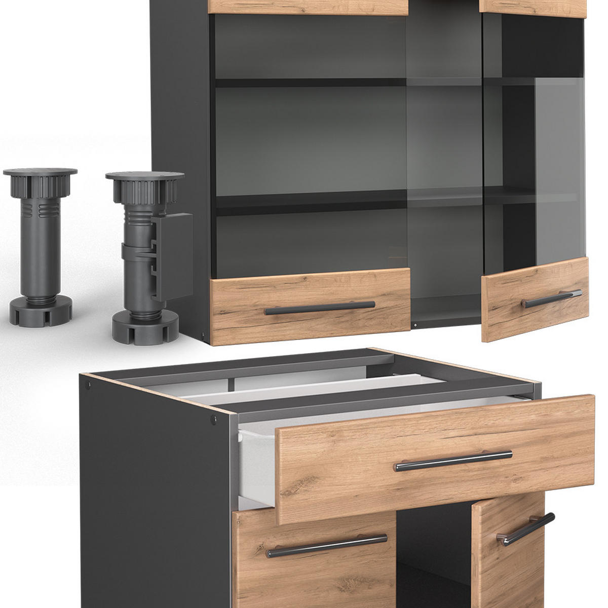 SINGLEKÜCHE Fame-Line Goldkraft Eiche/Anthrazit 140 cm, AP Anthrazit - Anthrazit/Eiche Wotan, Holzwerkstoff (140/81.6/60cm) - Vicco