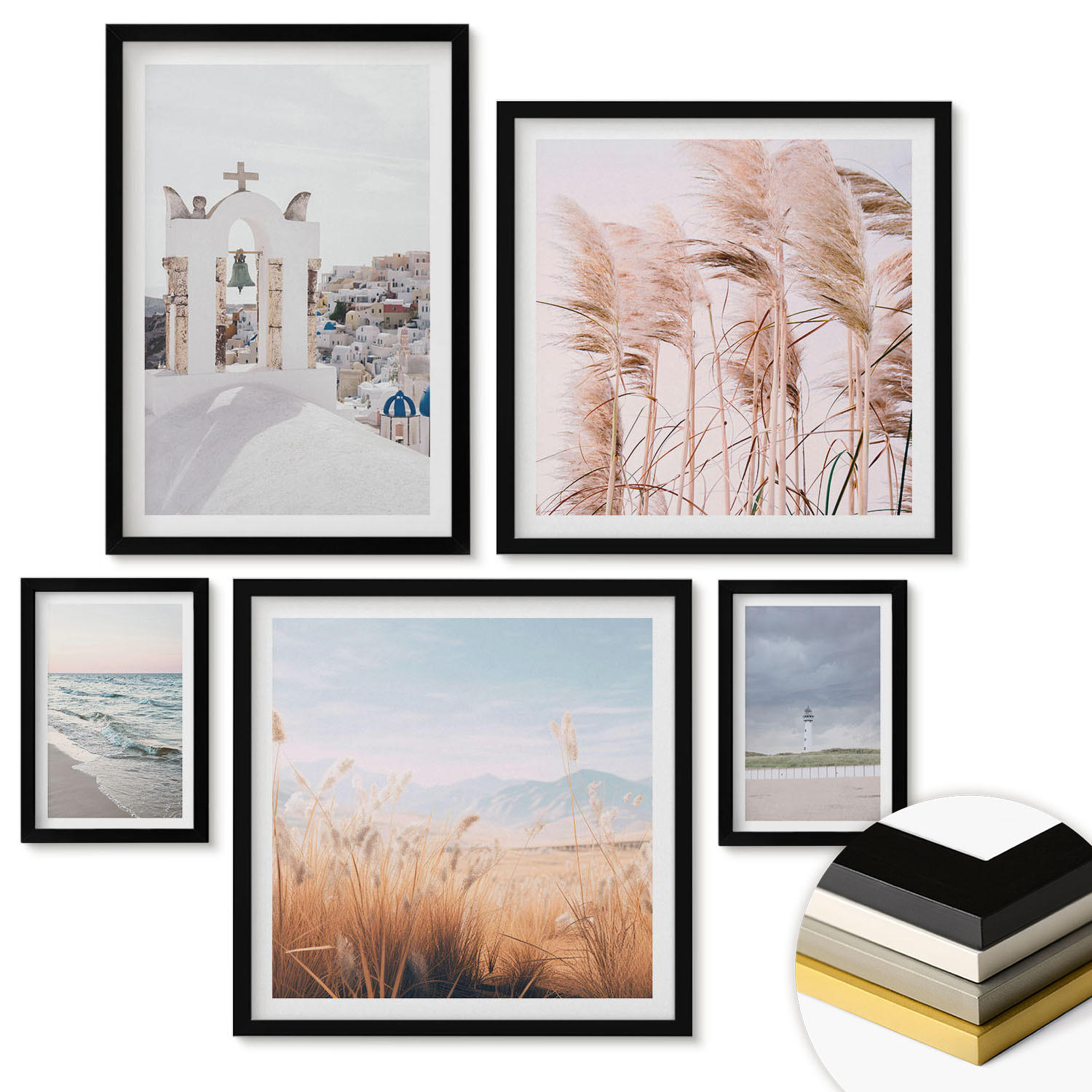 WANDBILDER 5er-Set - 50x50 cm & 20x30 cm & 40x60 cm Schwarzer Rahmen - Pflanzen, Meereswellen, Aussicht, Häuser - Schwarz, Kunststoff (40/60cm) - ArtPrintCave