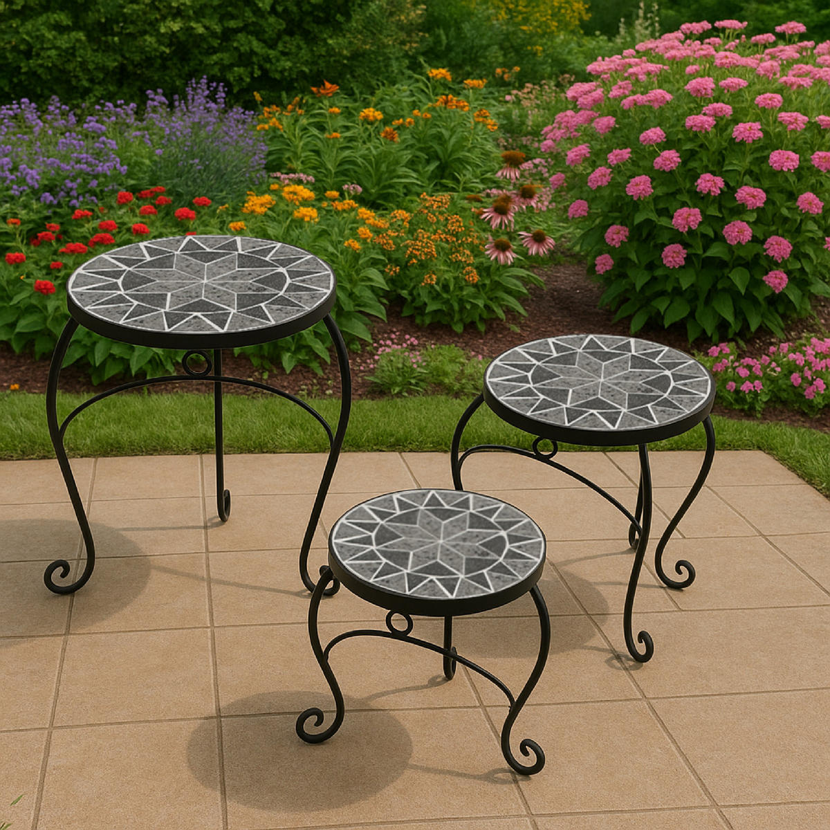BEISTELLTISCHE 3-ER SET Lancaster - Stahlgestell - Tischplatten aus echter Keramik in Mosaik Optik, Farbe grau - Grau, Metall (36.5/36.5/40.5cm) - TPFGarden