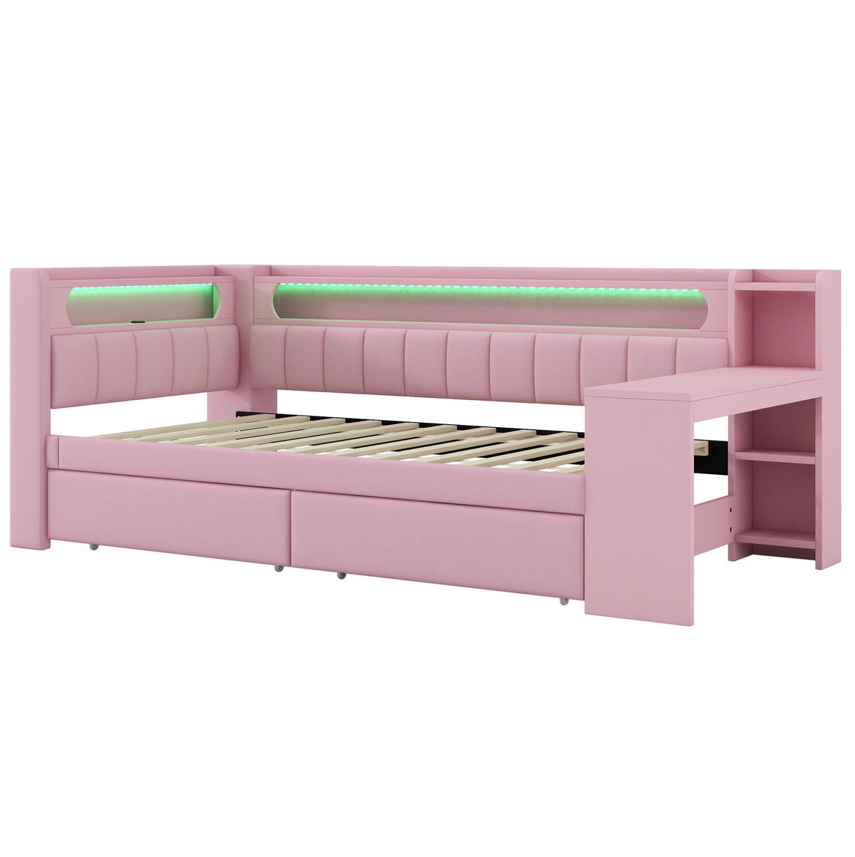 GEPOLSTERTES Tagesbett 90/200 cm mit LED-Beleuchtung, USB-Anschluss, Schreibtisch und 2 Schubladen, Rosa - Rosa, Holzwerkstoff (90/200cm) - Redom