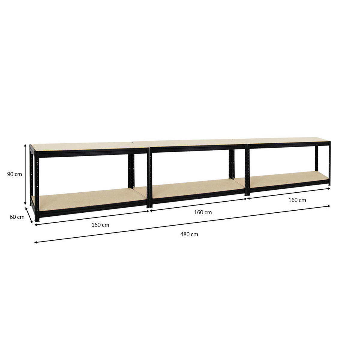 WERKBANK Dino 3er-Set mit 3x höhenverstellbar 90x160x60 cm Traglast 600 kg Schwarz - Schwarz, Metall (480/90/60cm) - PROREGAL