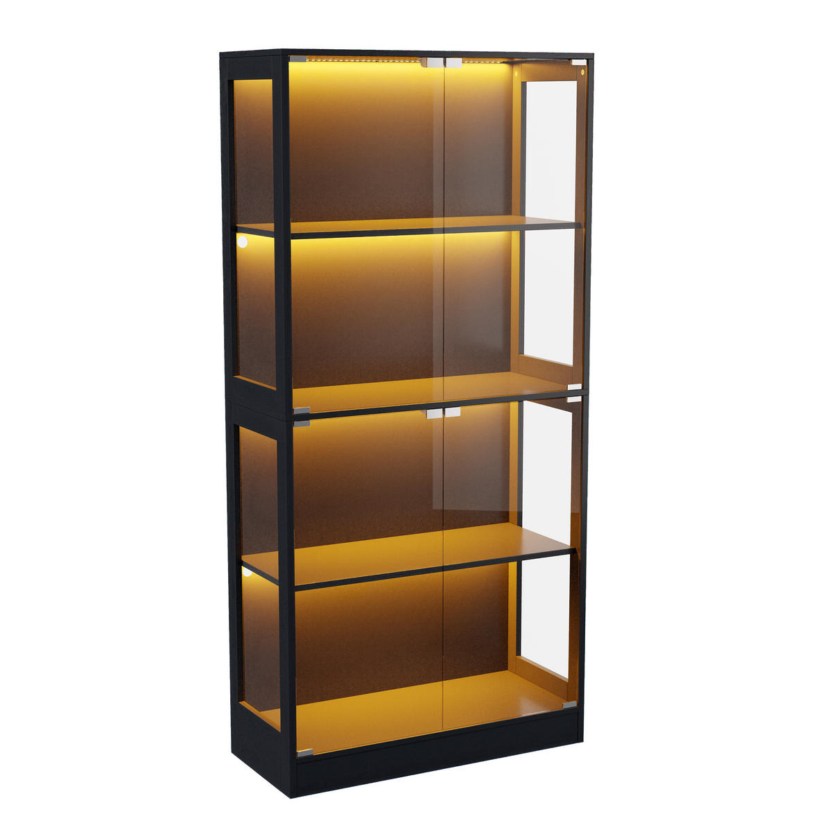 VITRINE mit LED-Beleuchtung, 4 Ebenen, Glasfront, Push-to-Open Türen 80/35/170 cm - Transparent/Schwarz, Glas/Holzwerkstoff (80/170/35cm) - EVRYAE
