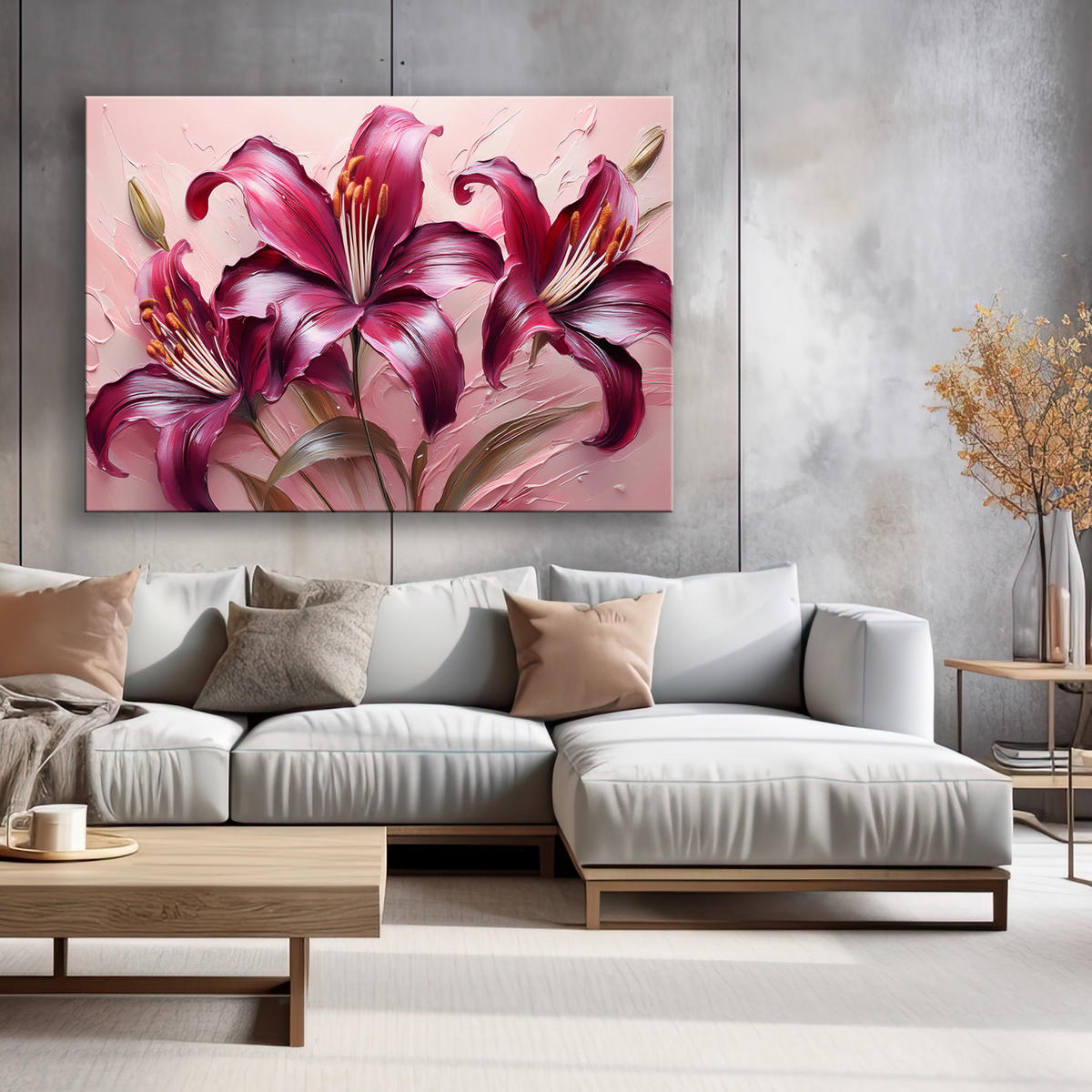 WANDBILD rote pastelllilien blumen - Pink, Textil (60/40cm) - Feeby