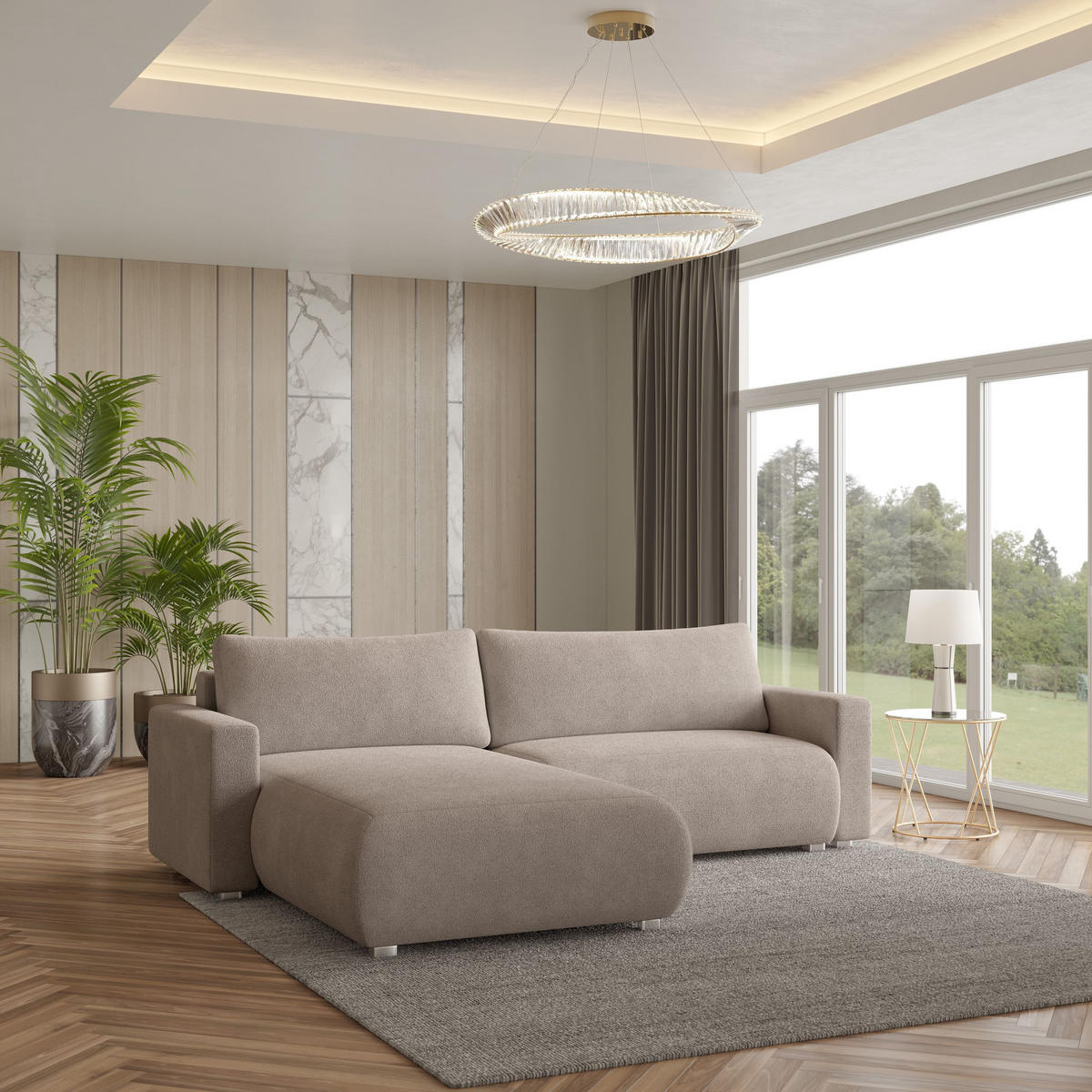ECKSOFA TURIN N Beige Bucle-Stoff mit Schlaffunktion - Beige, Holz (265/183cm) - MASSENO